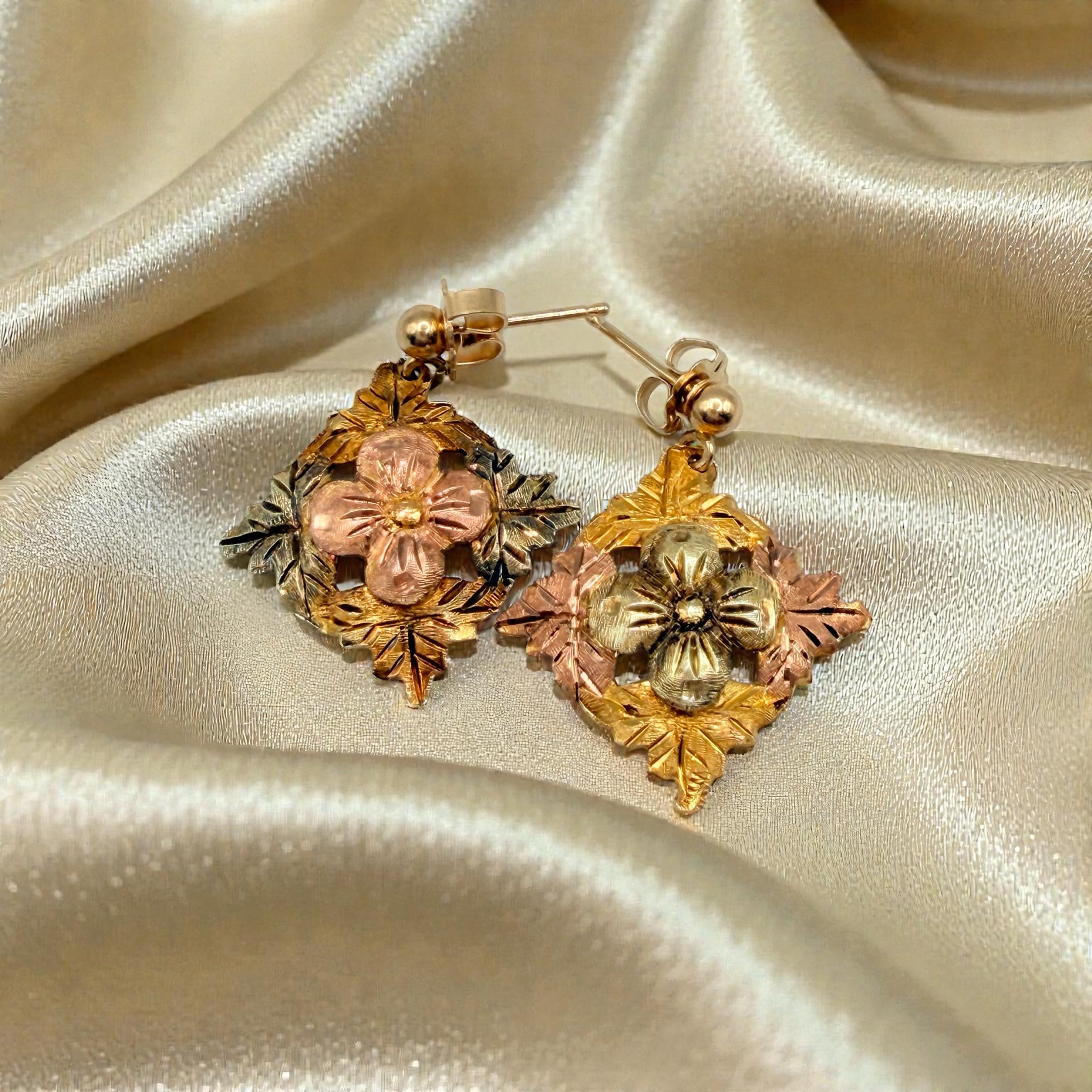 Black Hills Solid 10K Tri-Color Gold Dangle Earrings - Flower and Leaf Accents