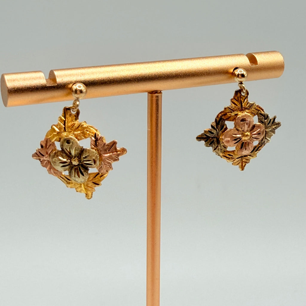 Black Hills Solid 10K Tri-Color Gold Dangle Earrings - Flower and Leaf Accents