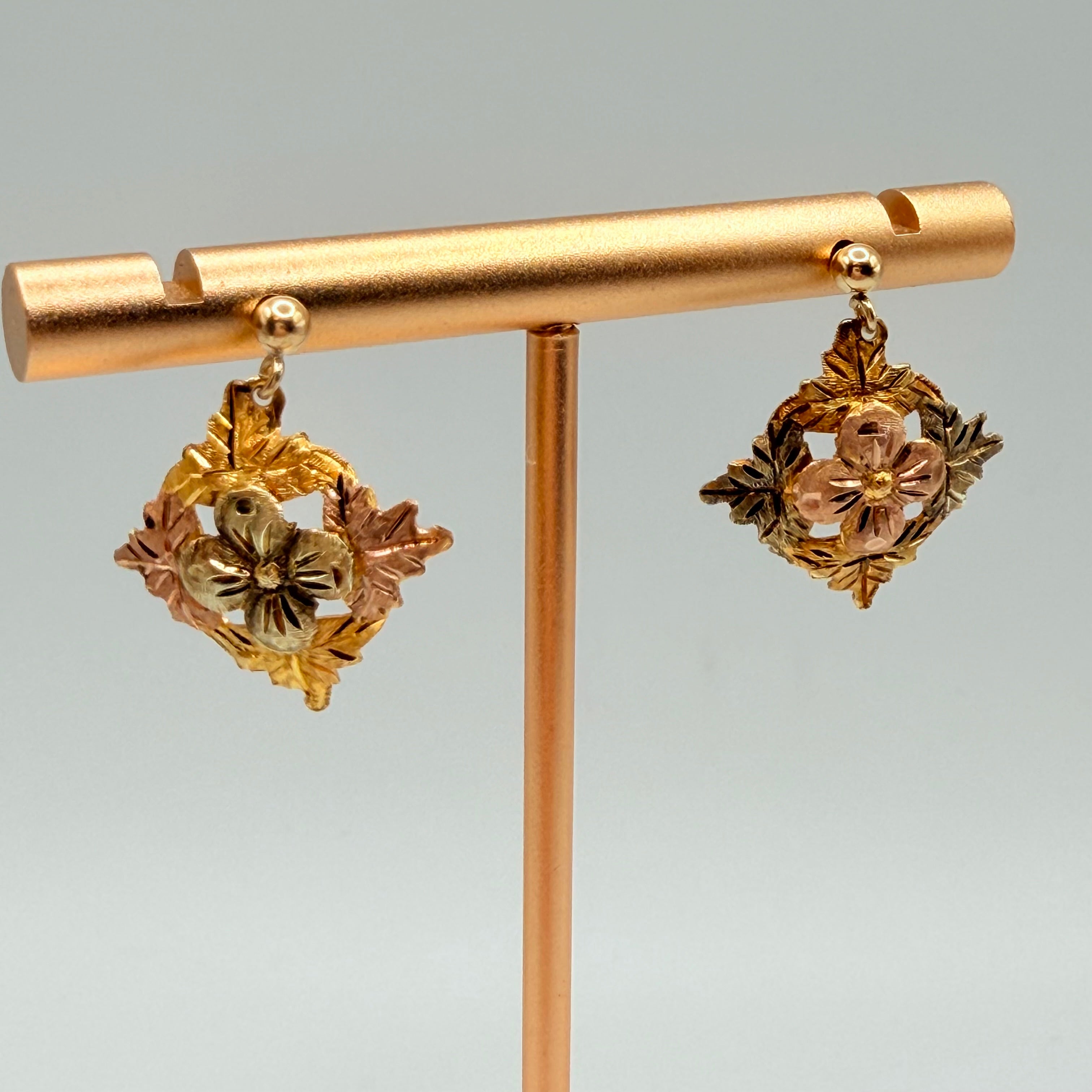 Black Hills Solid 10K Tri-Color Gold Dangle Earrings - Flower and Leaf Accents