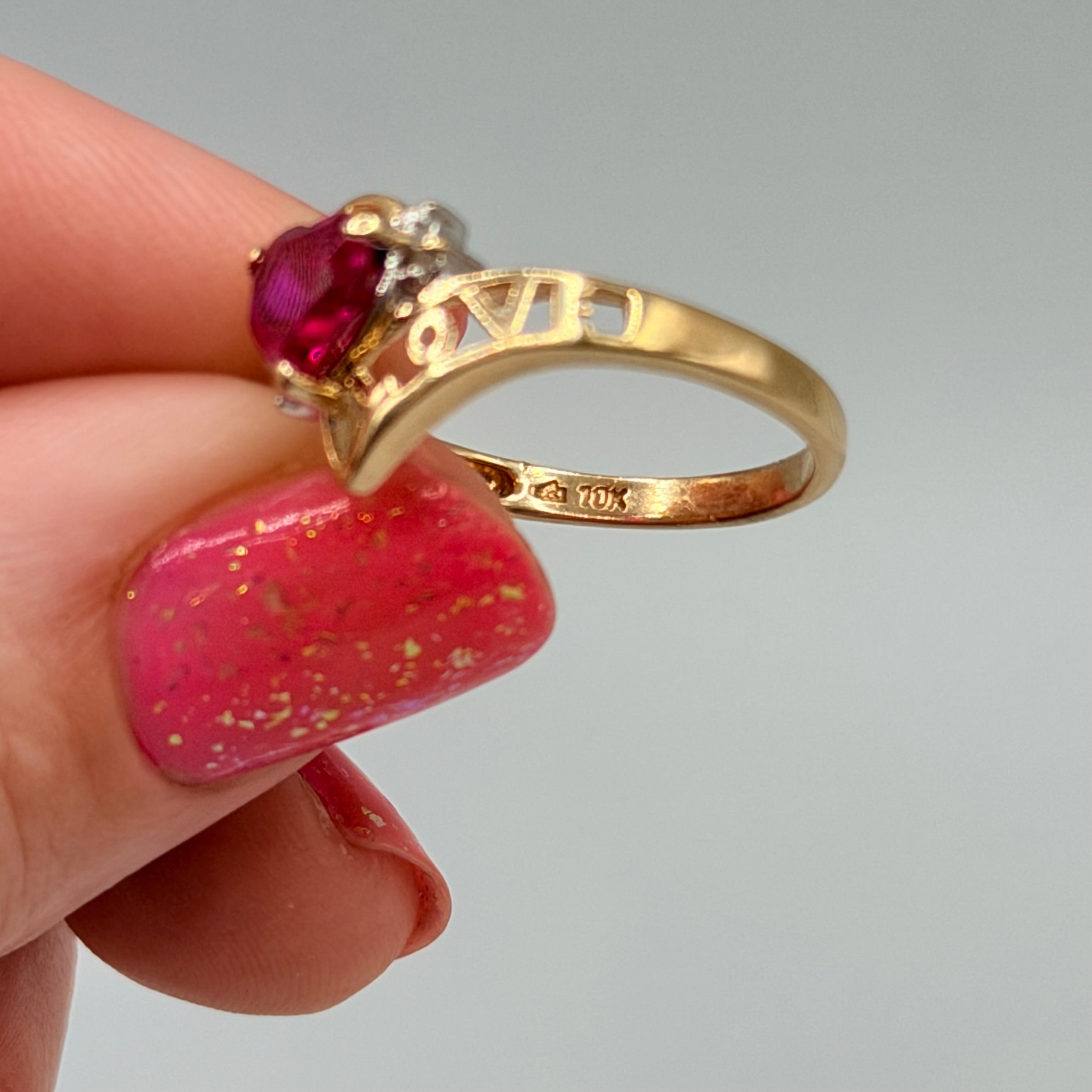 Solid 10K Yellow Gold Ring with Heart-Cut Ruby, Diamonds and LOVE – Size 7