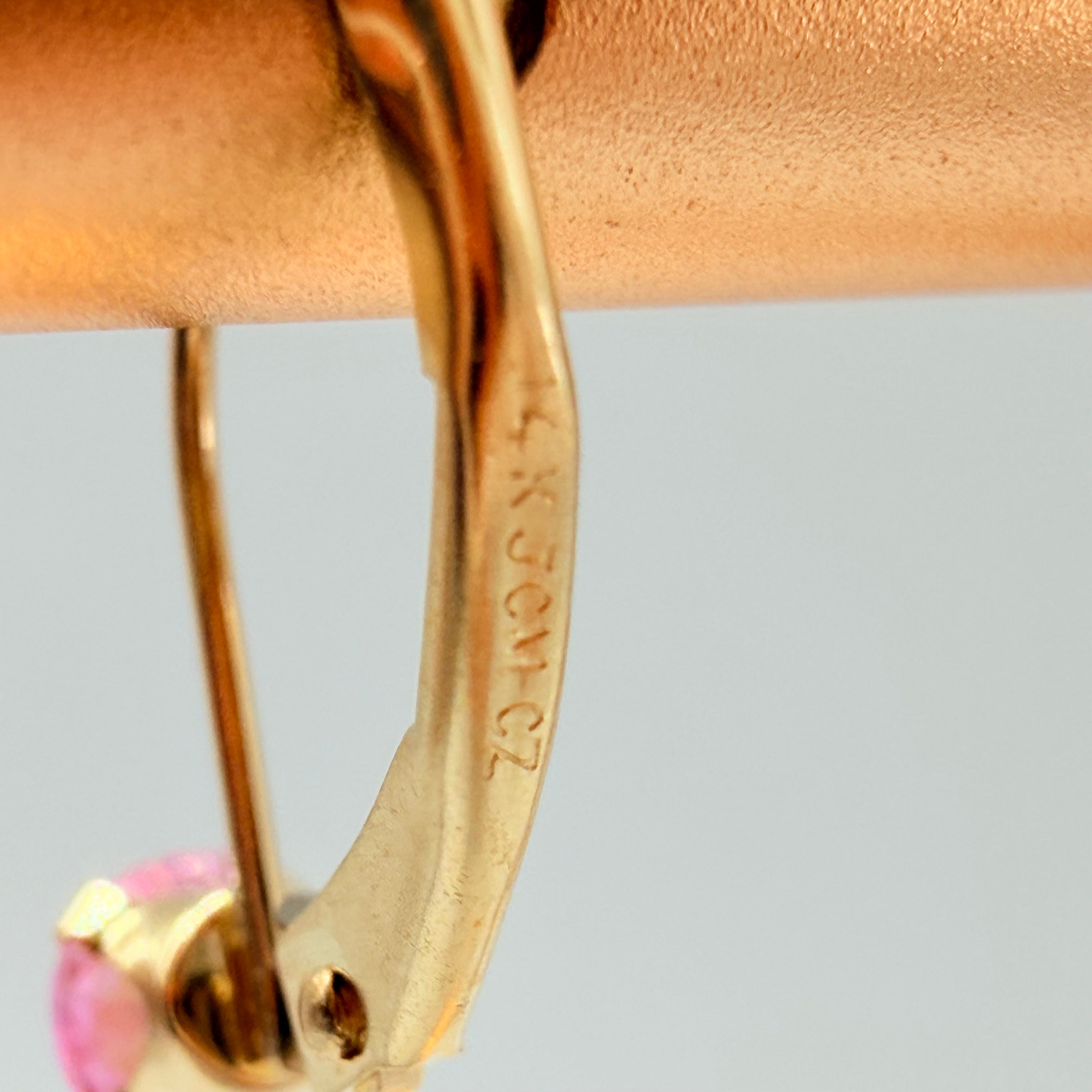 Solid 14K Yellow Gold Drop Earrings with Round Cut Pink Gemstones