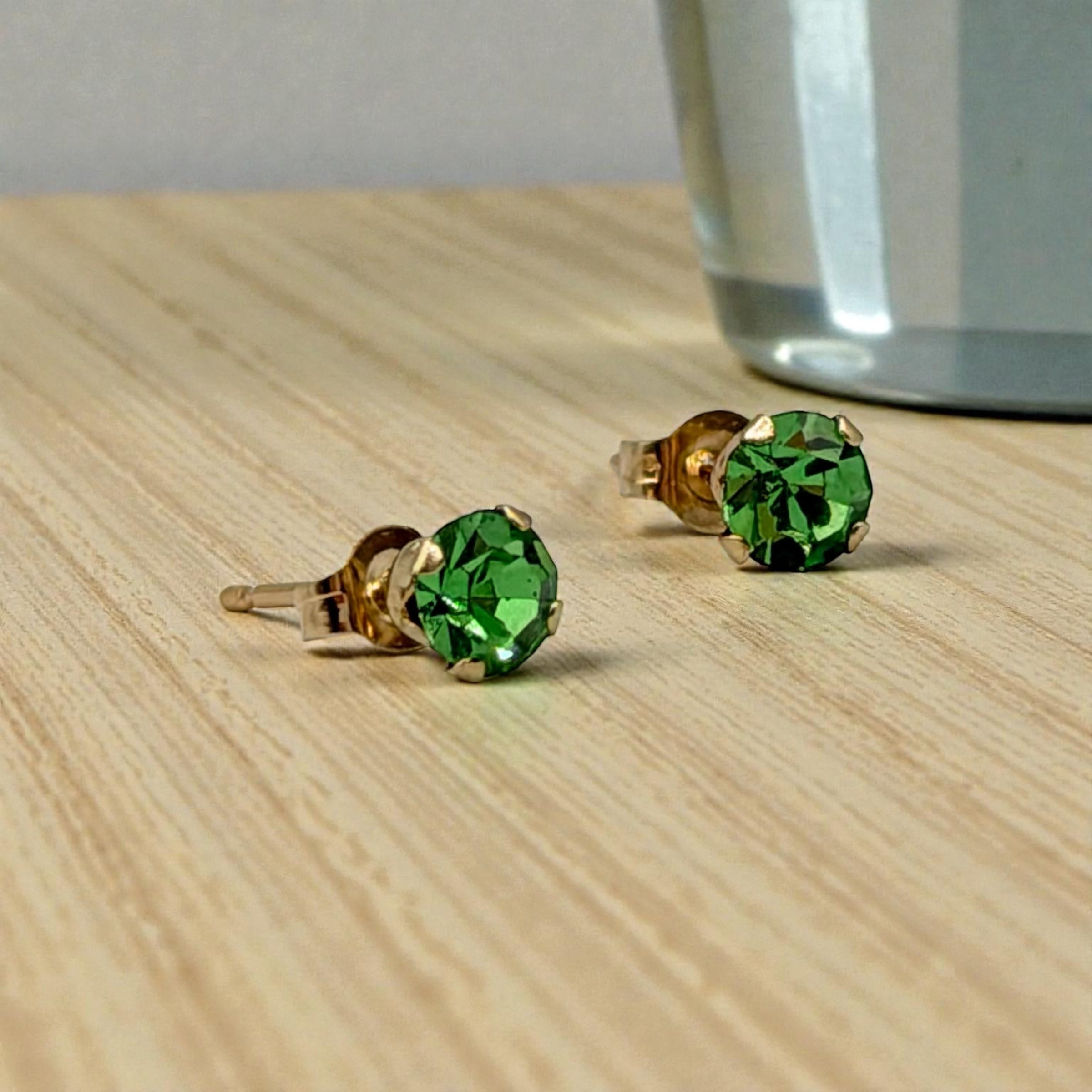 Solid 14K Yellow Gold Stud Earrings with Round Cut Green Gemstones