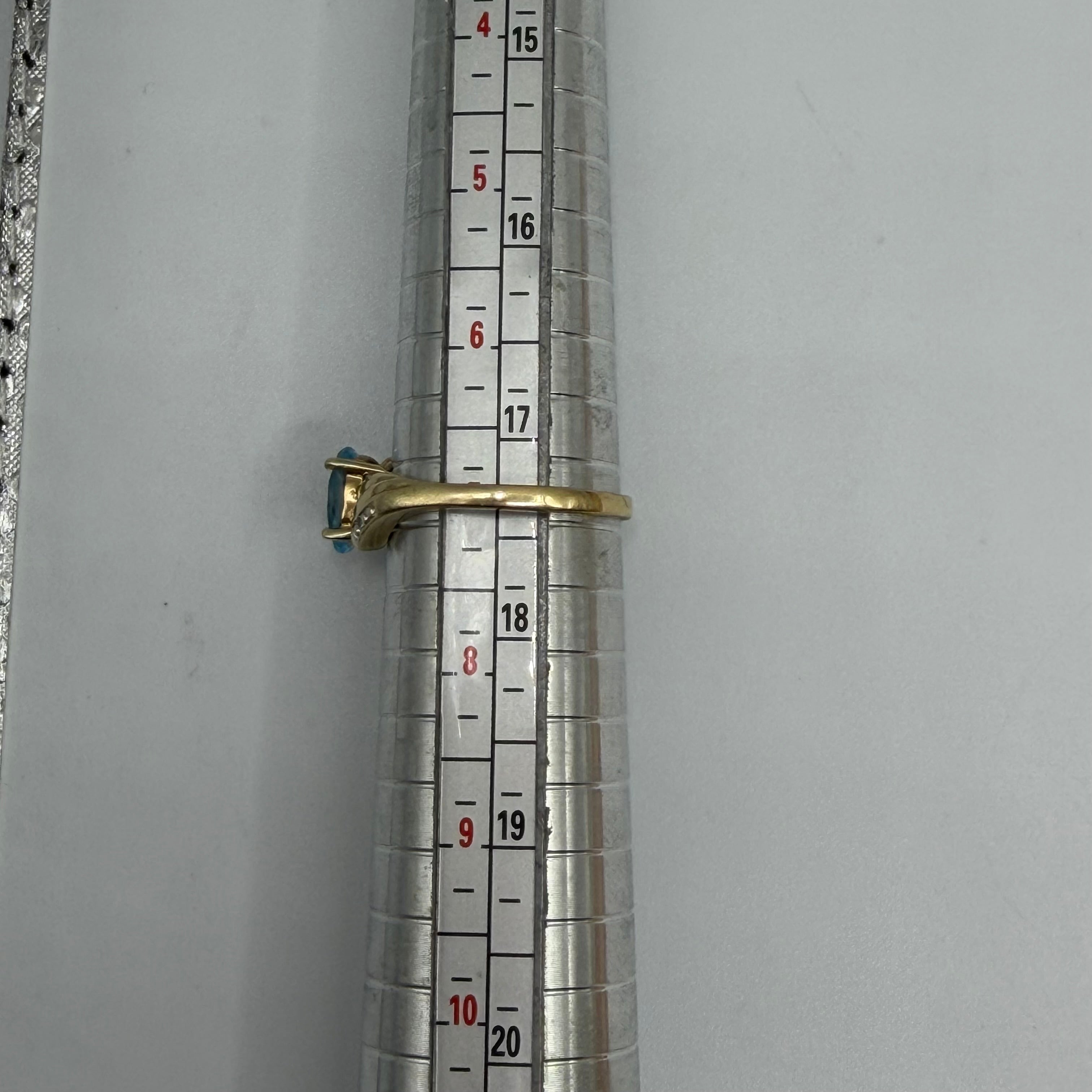 Solid 10K Yellow Gold Ring with Oval-Cut Blue Topaz & Diamond Accents Size 7