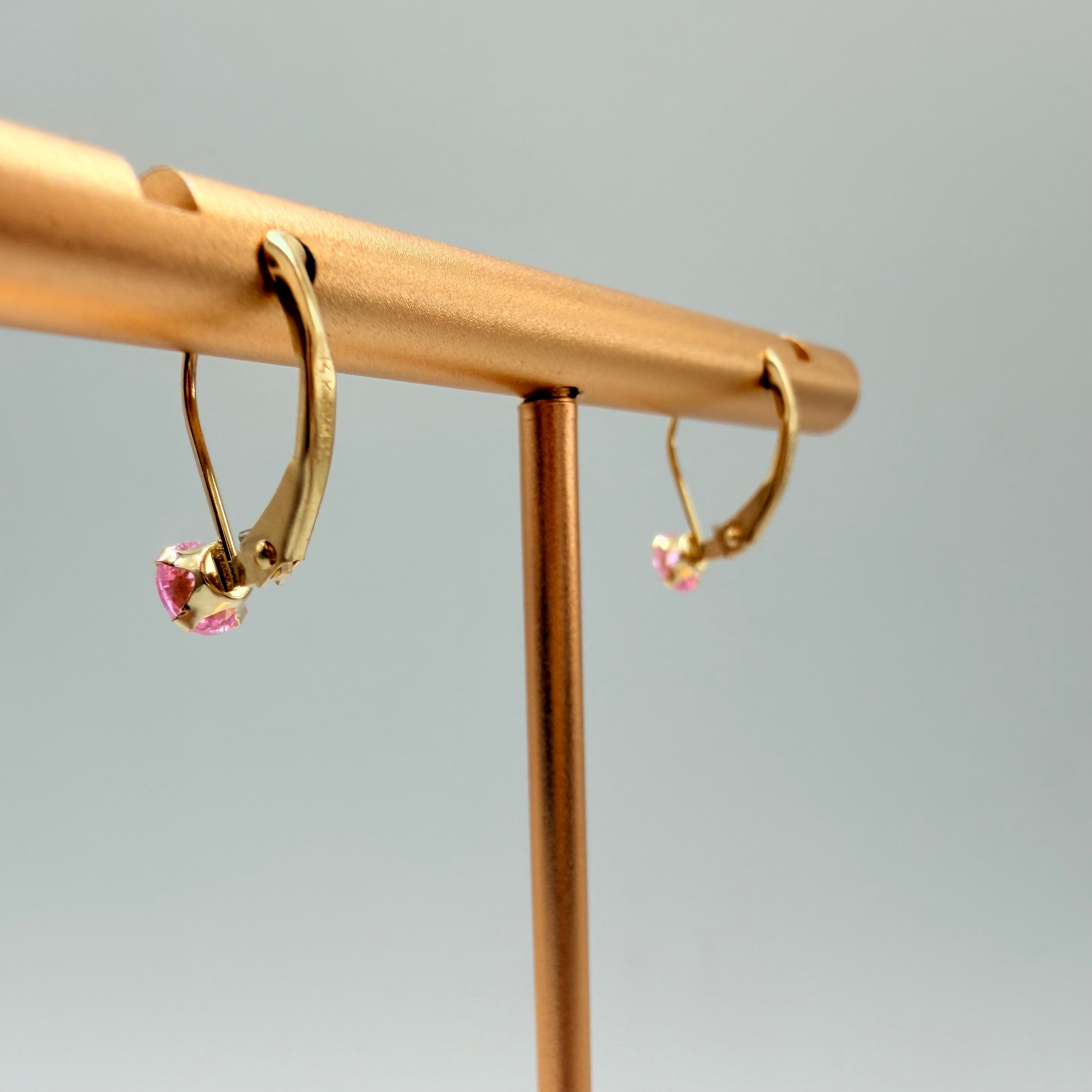 Solid 14K Yellow Gold Drop Earrings with Round Cut Pink Gemstones