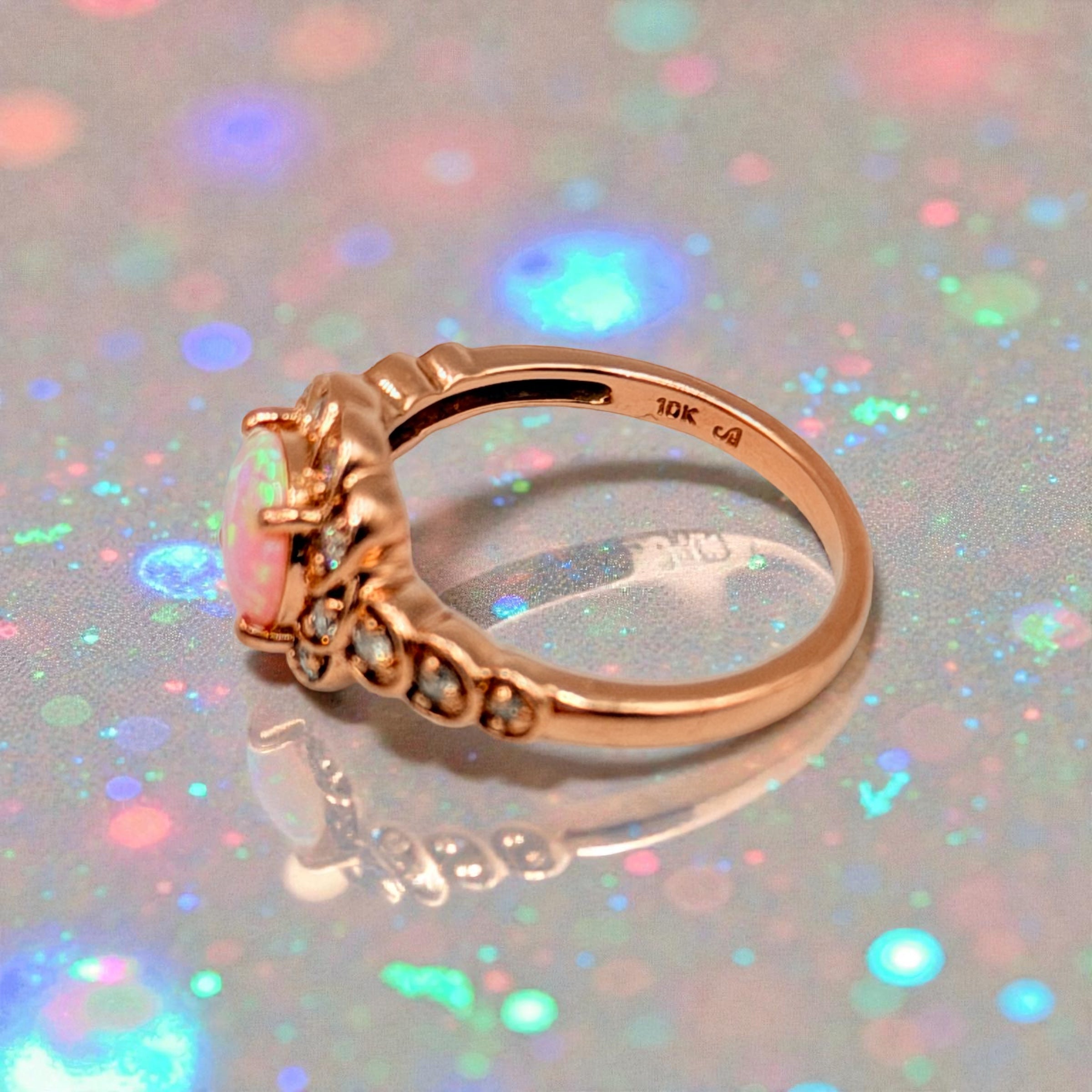 Solid 10K Rose Gold Ring with Round Cut Pink Opal and Diamond Accents Size 7