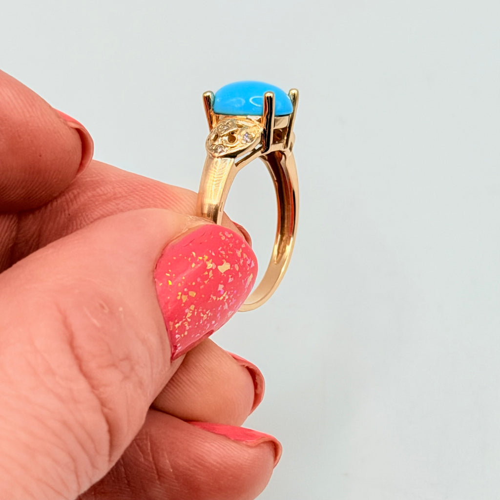 Solid 14K Gold Sleeping Beauty Turquoise Ring with Diamond Accents – Size 6