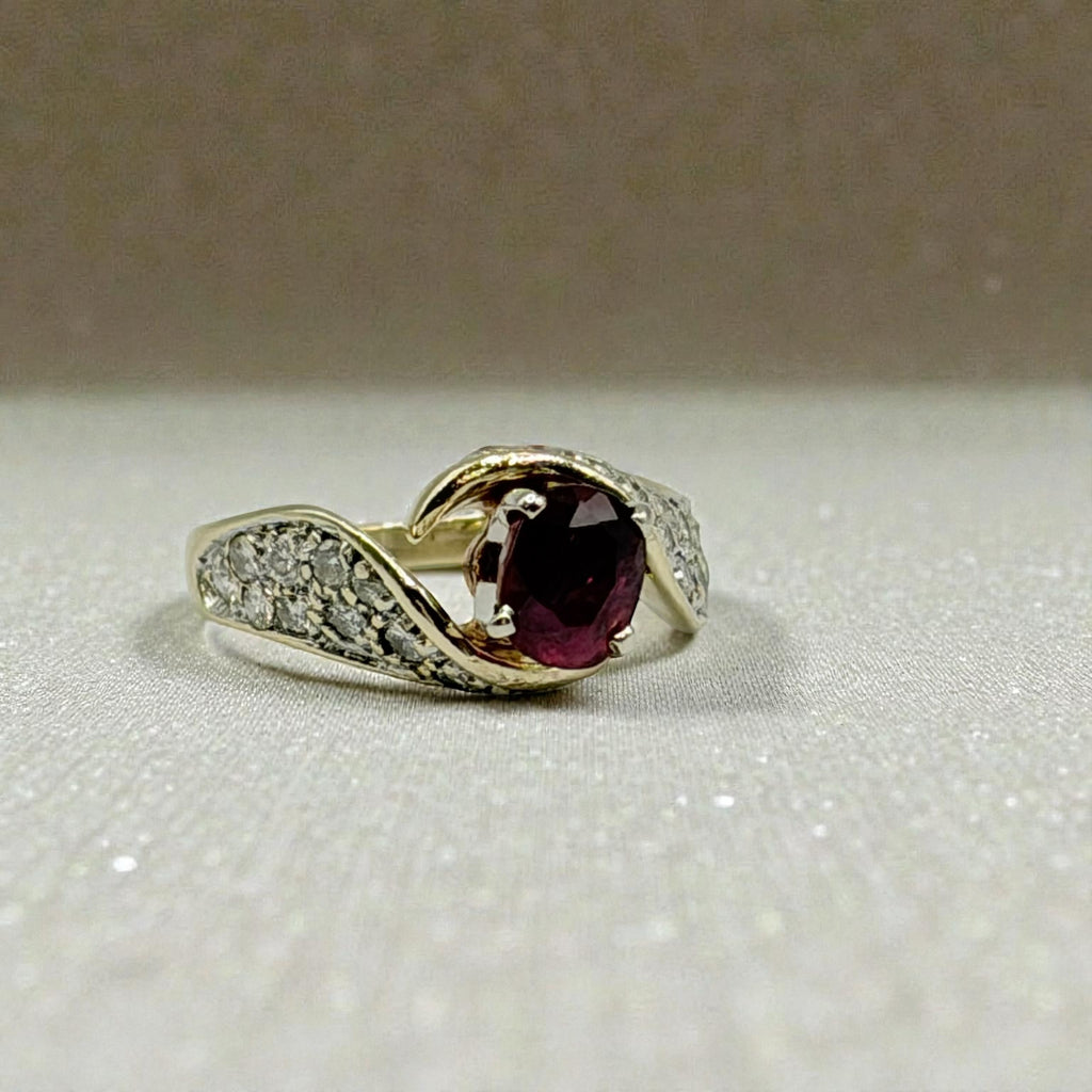 Solid 14K Yellow Gold Ruby Ring with 24 Diamond Accents – Size 5.5