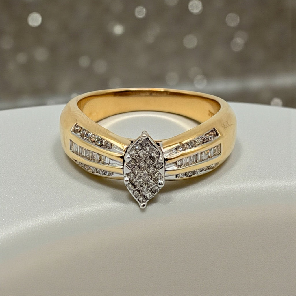 Rosy Blue Solid 14K Yellow Gold Marquise Diamond Cluster Ring – Size 7.25