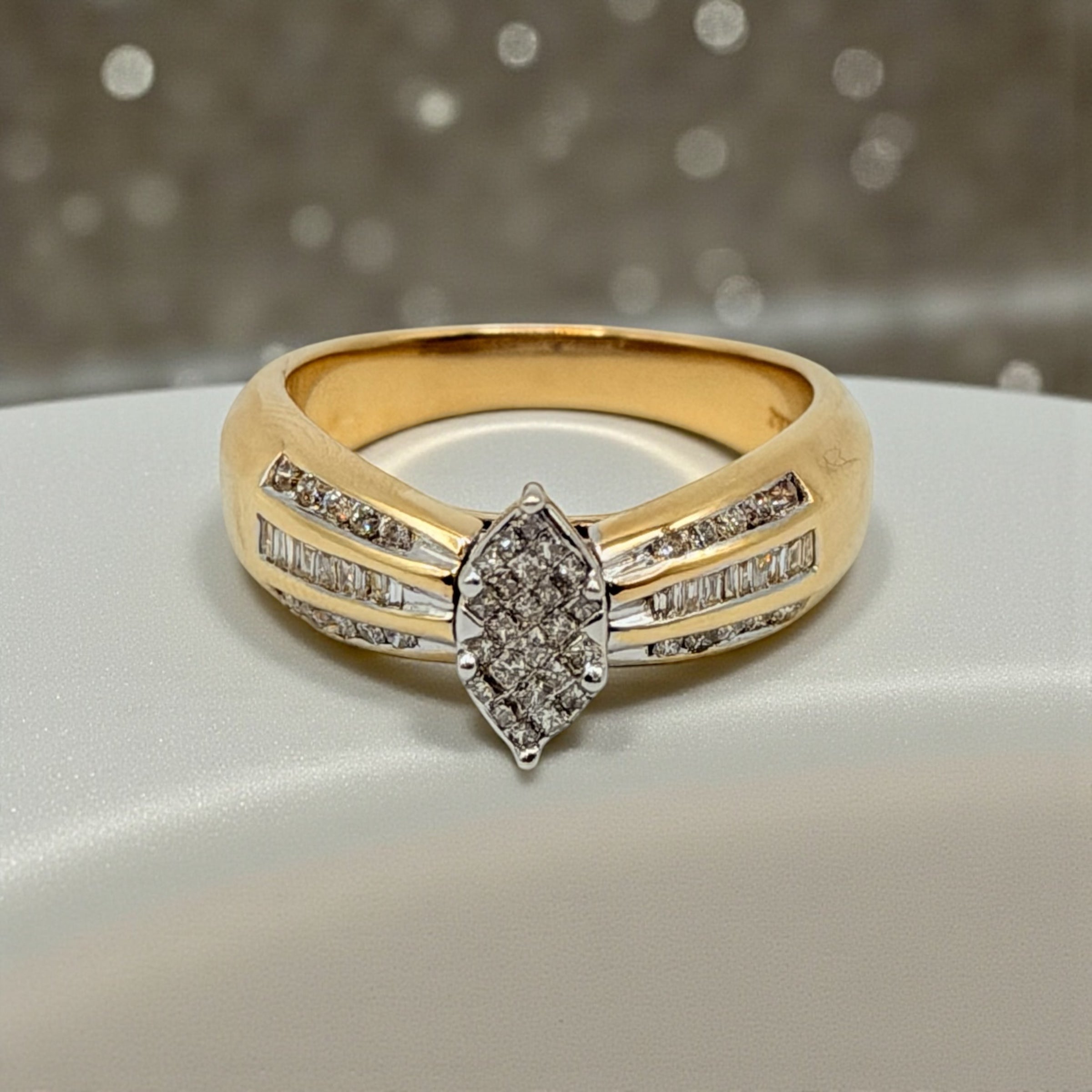 Rosy Blue Solid 14K Yellow Gold Marquise Diamond Cluster Ring – Size 7.25