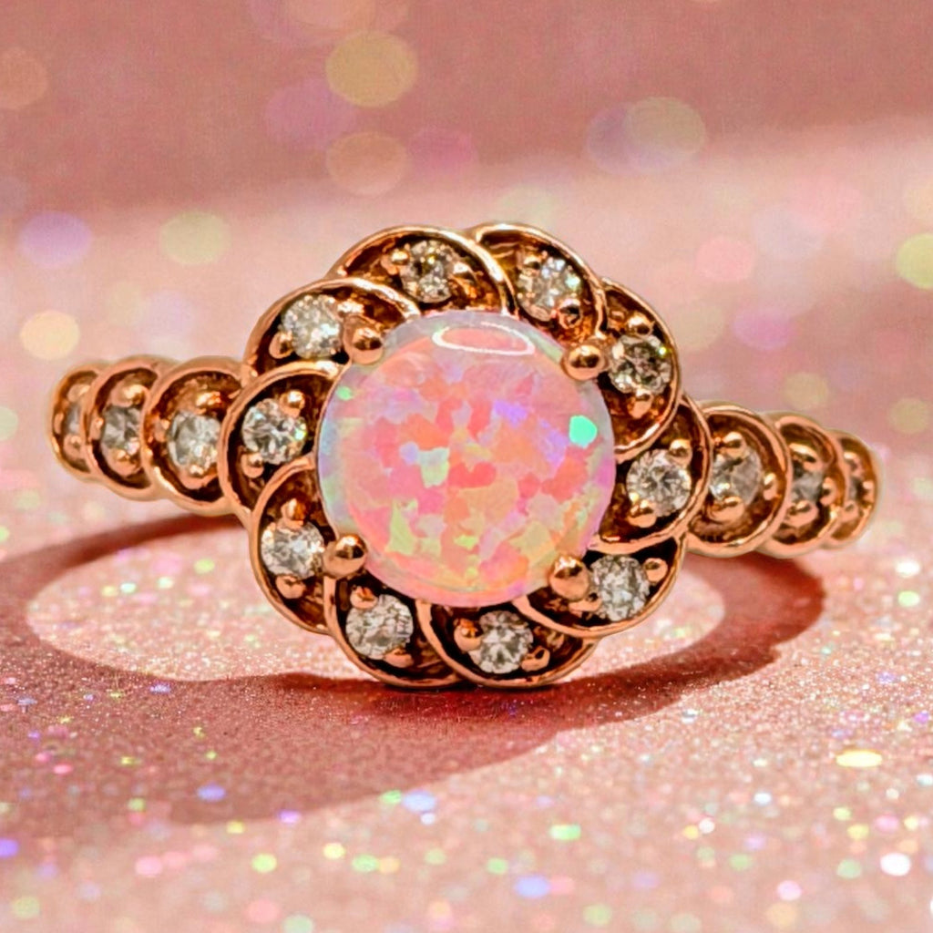 Solid 10K Rose Gold Ring with Round Cut Pink Opal and Diamond Accents Size 7