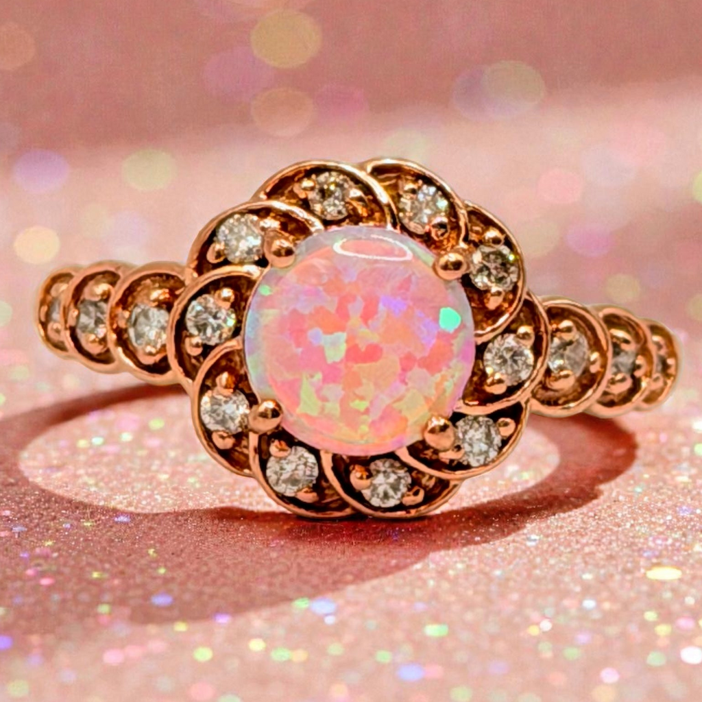 Solid 10K Rose Gold Ring with Round Cut Pink Opal and Diamond Accents Size 7