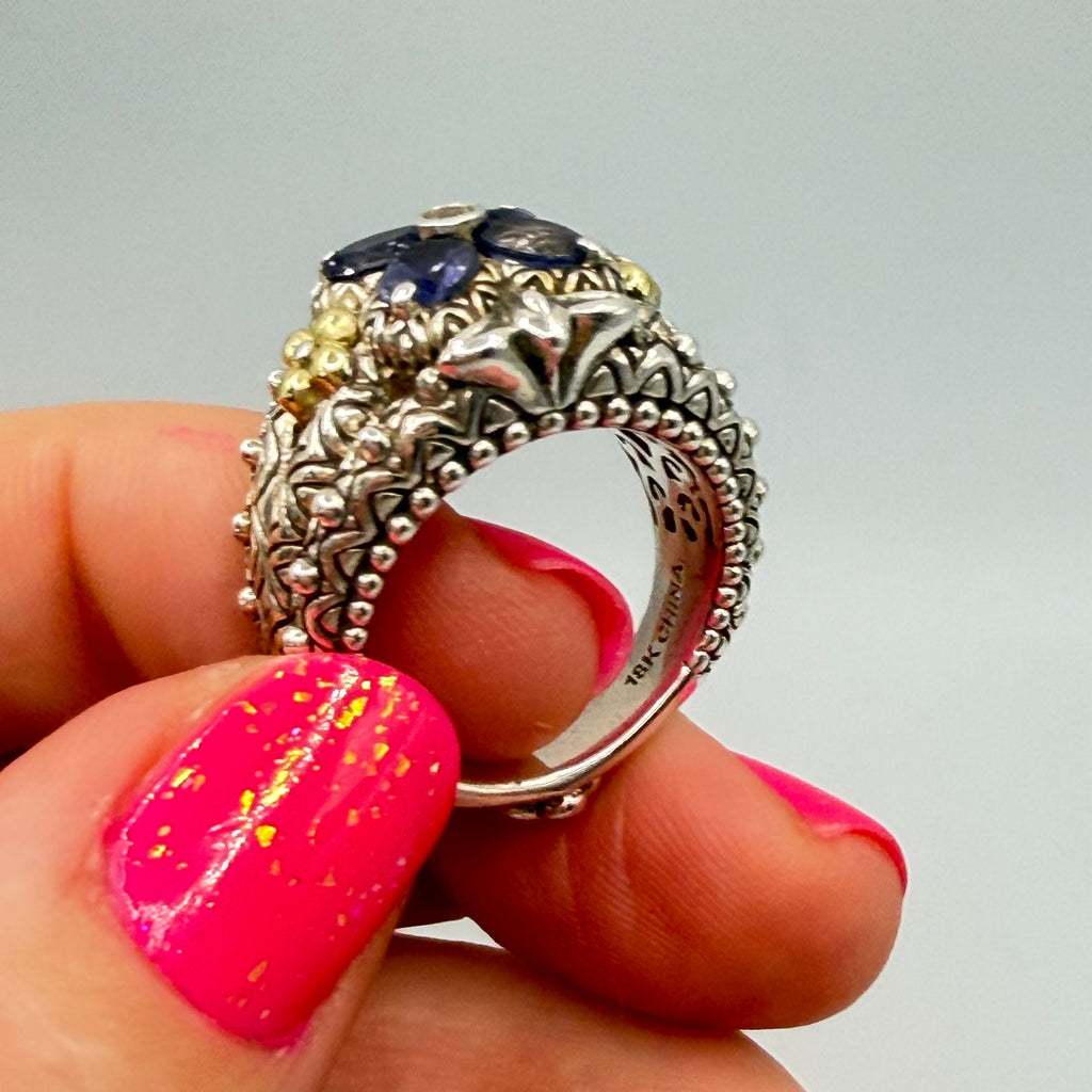 Bixby Jezebel Sterling Silver and 18K Gold Flower Ring with Iolite & Topaz Sz 7
