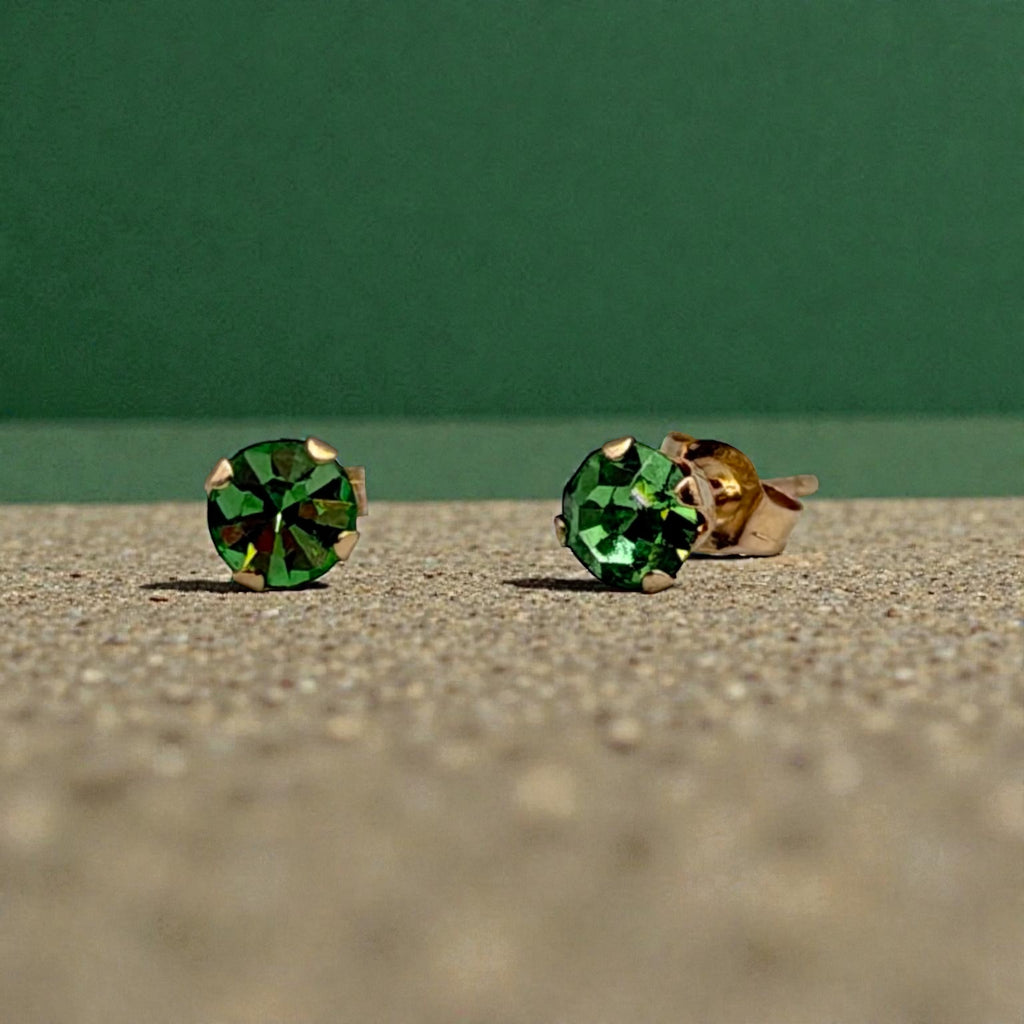 Solid 14K Yellow Gold Stud Earrings with Round Cut Green Gemstones