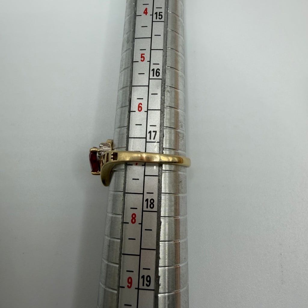 Solid 10K Yellow Gold Ring with Heart-Cut Ruby, Diamonds and LOVE – Size 7