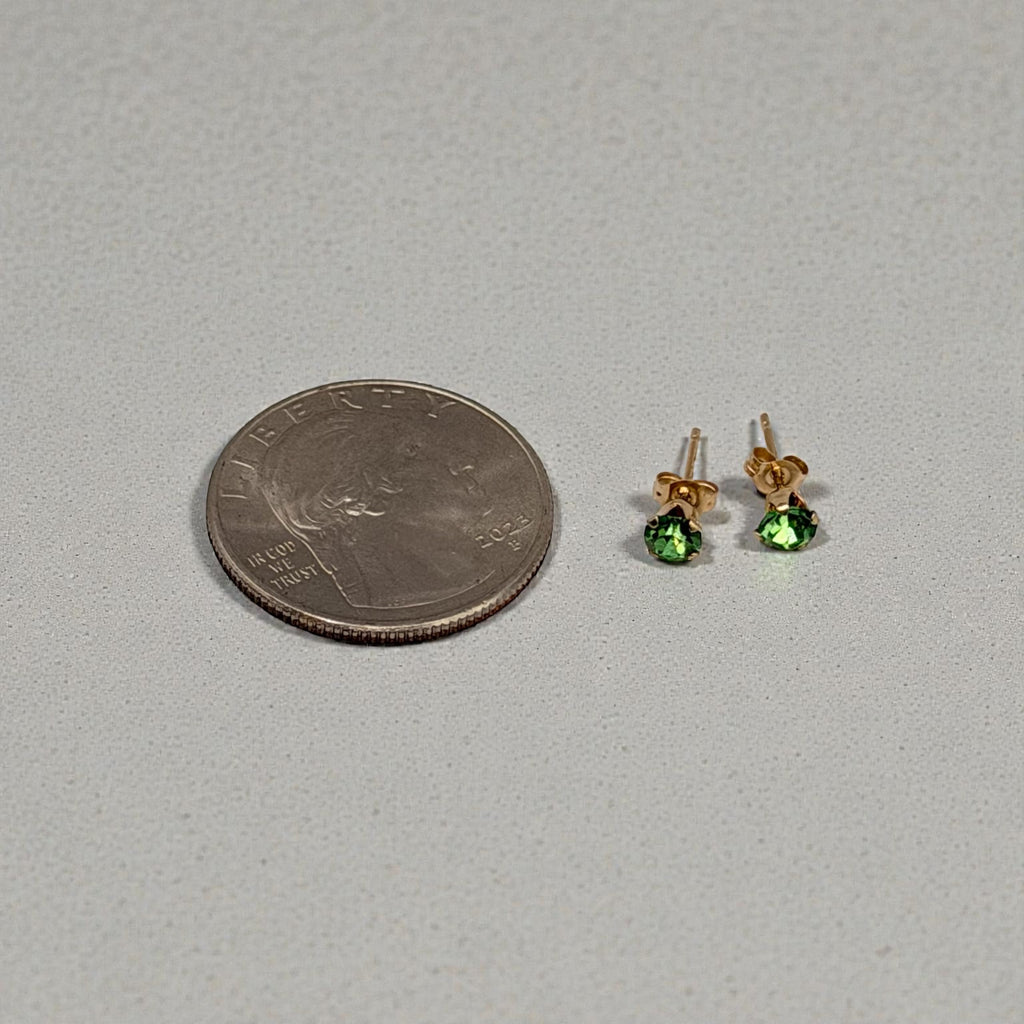 Solid 14K Yellow Gold Stud Earrings with Round Cut Green Gemstones