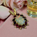 Solid 14K Yellow Gold Necklace Pendant with Oval Cut Opal and Ruby Halo