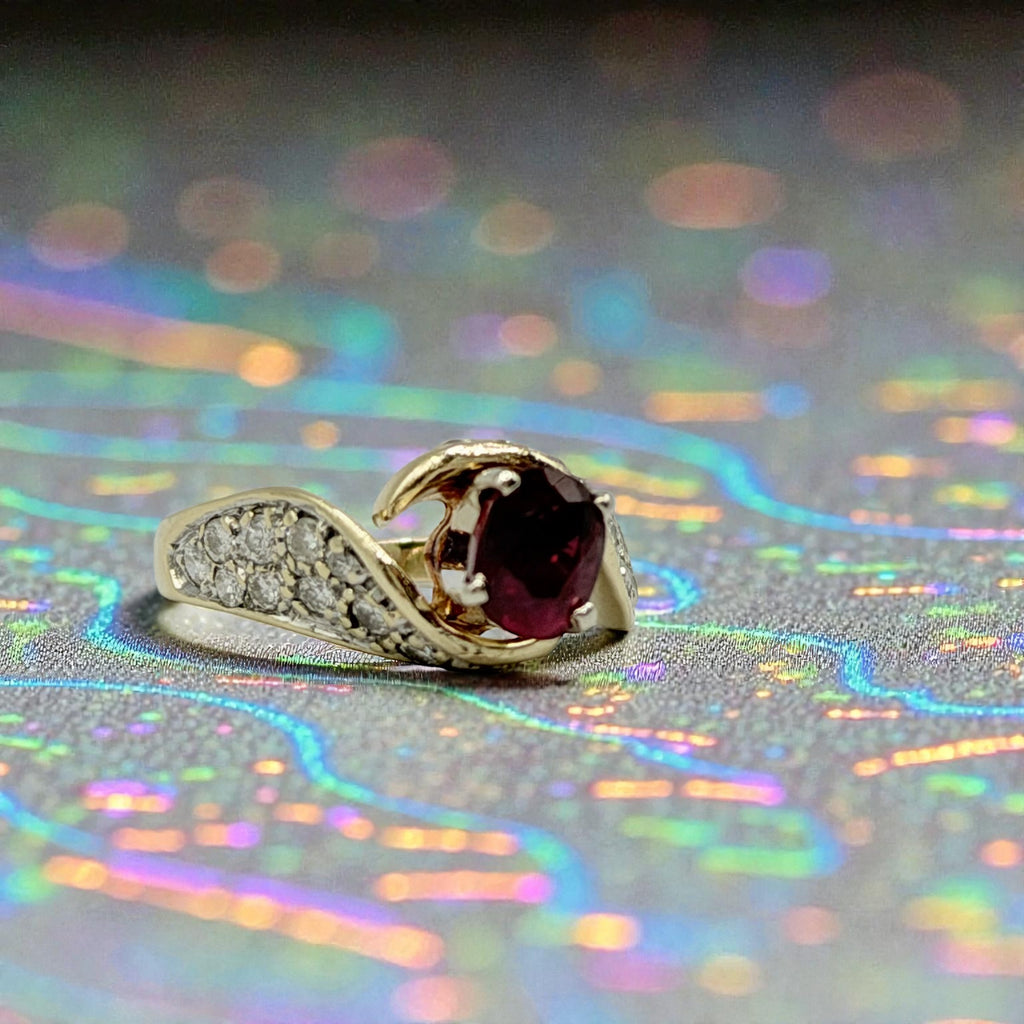 Solid 14K Yellow Gold Ruby Ring with 24 Diamond Accents – Size 5.5