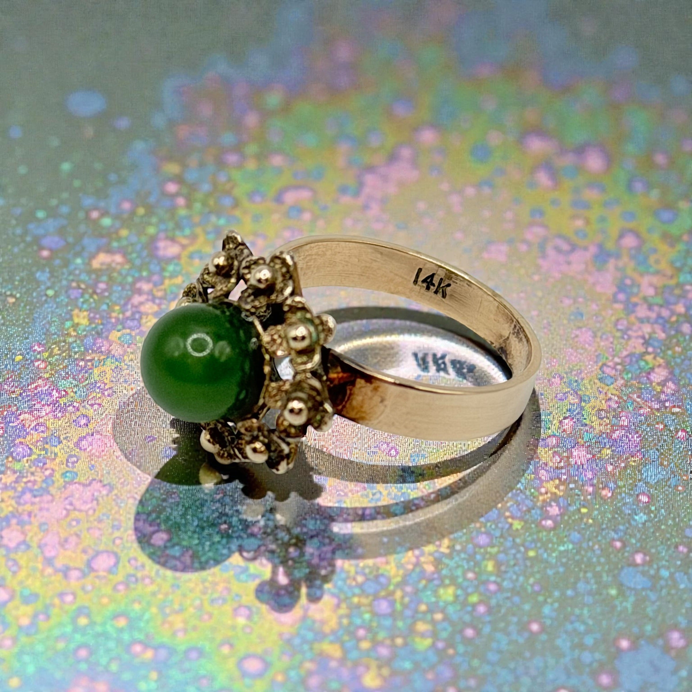 14K Solid Gold Jade Ring Size 5.75 Vintage Antique Heirloom Style
