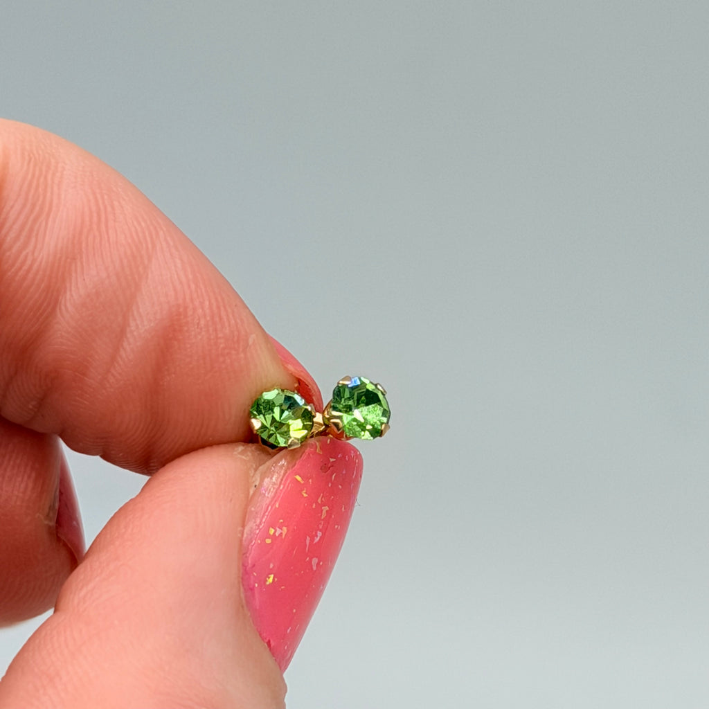 Solid 14K Yellow Gold Stud Earrings with Round Cut Green Gemstones