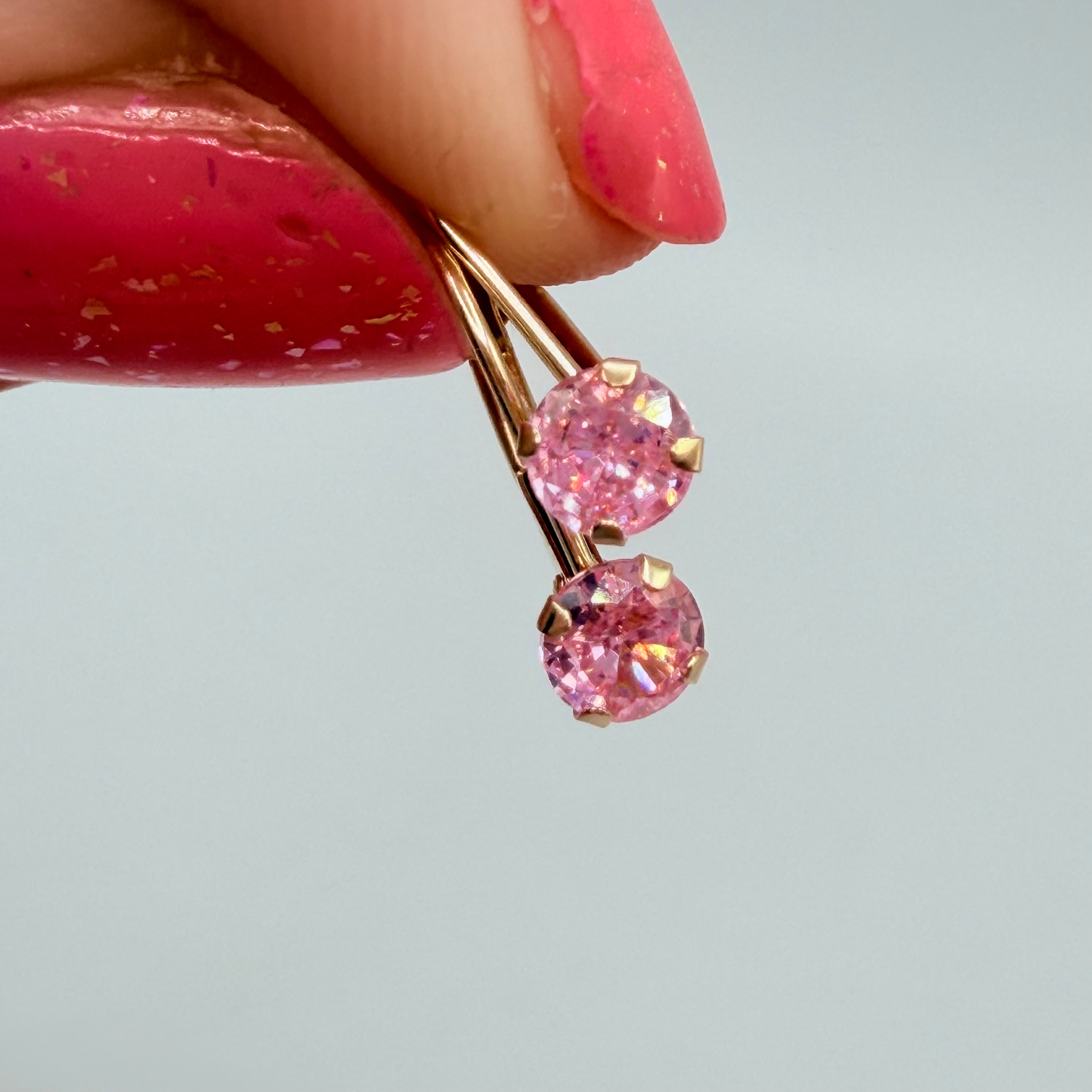 Solid 14K Yellow Gold Drop Earrings with Round Cut Pink Gemstones