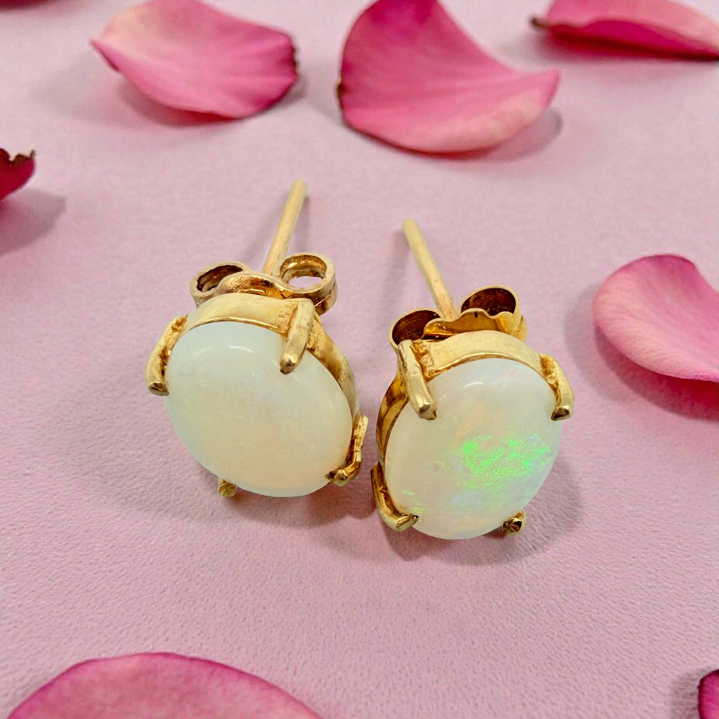 Solid 14K Yellow Gold Stud Earrings with Oval Cut Opals