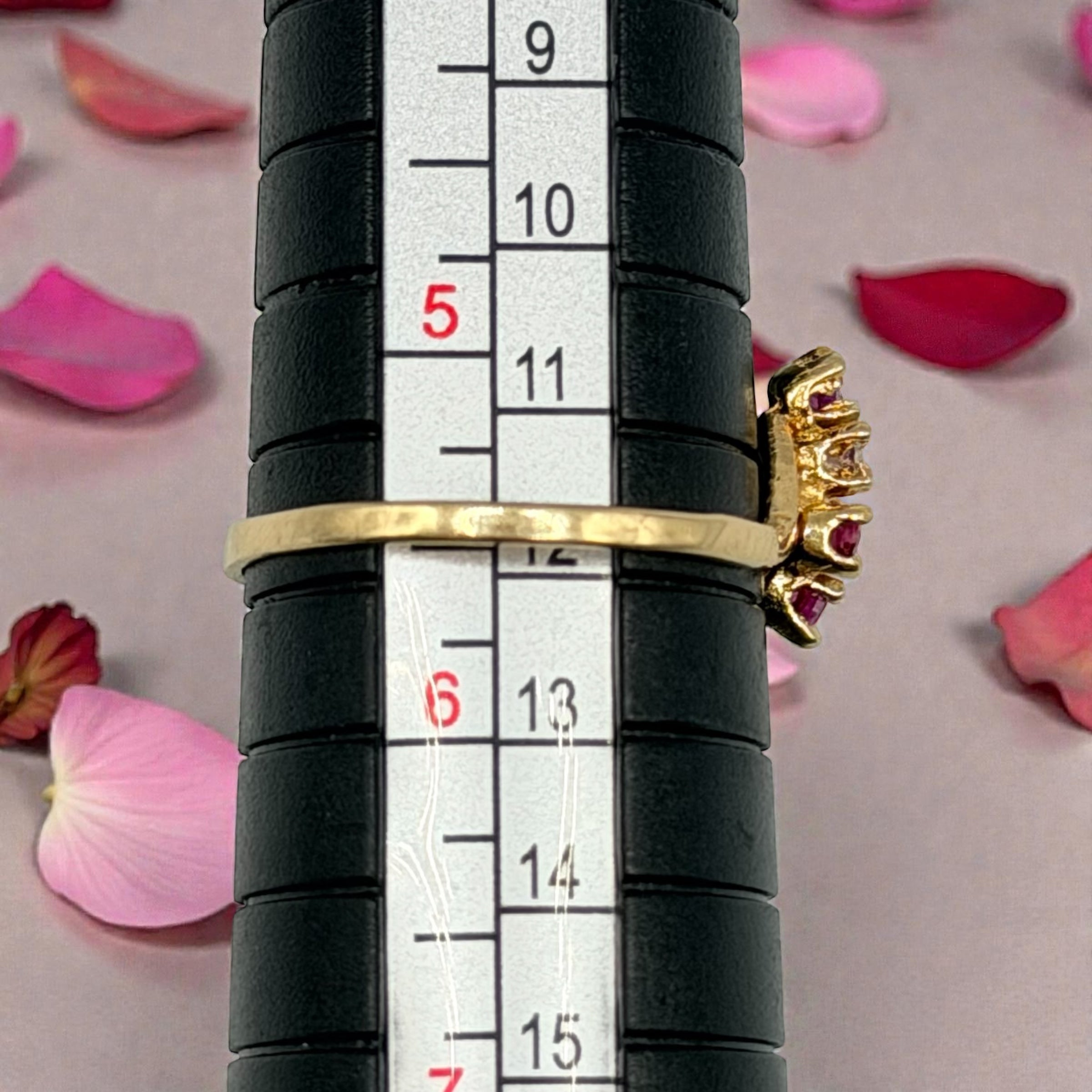 Solid 14K Yellow Gold Ring with Round Cut Ruby and Gemstone Cluster Size 5.5