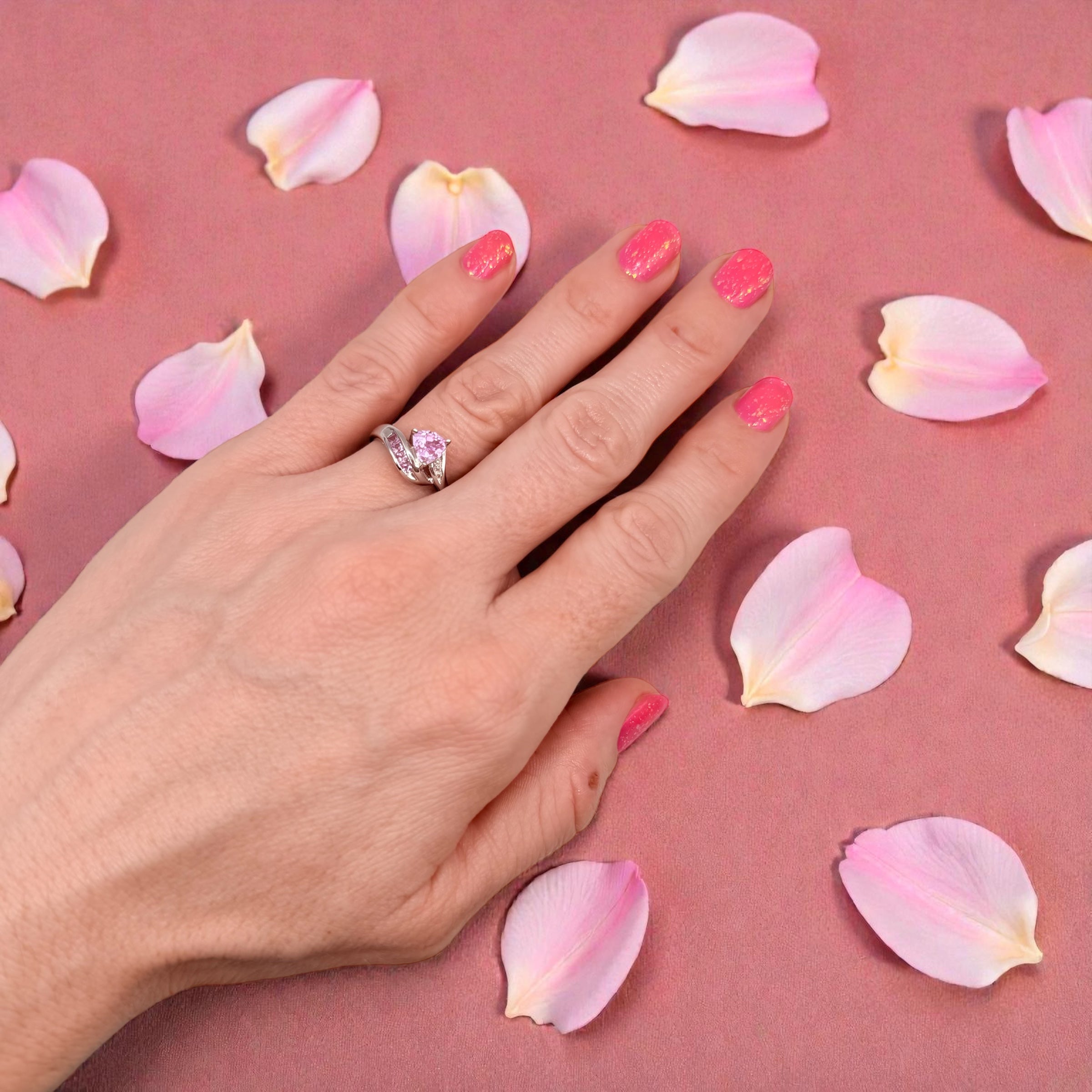 Solid 10K White Gold Ring with Trillion-Cut Pink Topaz - Size 6.75