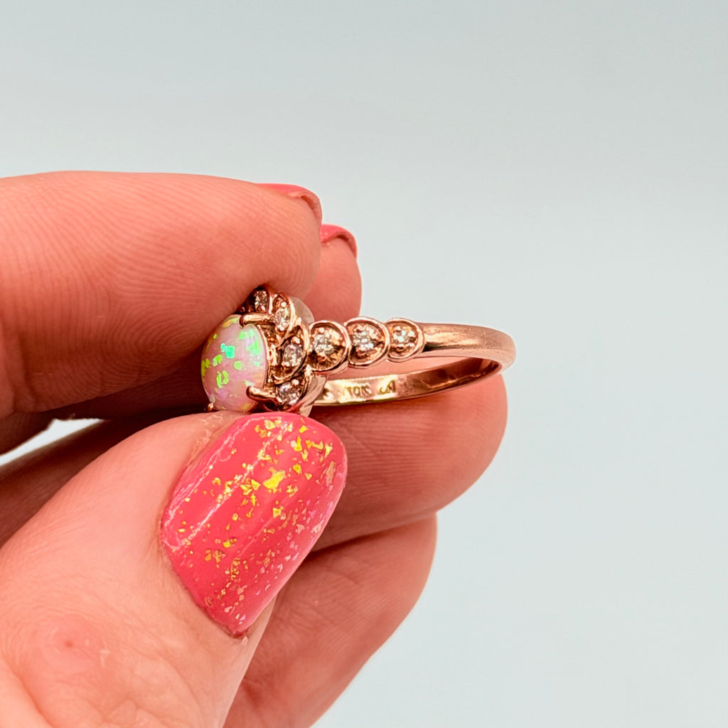 Solid 10K Rose Gold Ring with Round Cut Pink Opal and Diamond Accents Size 7