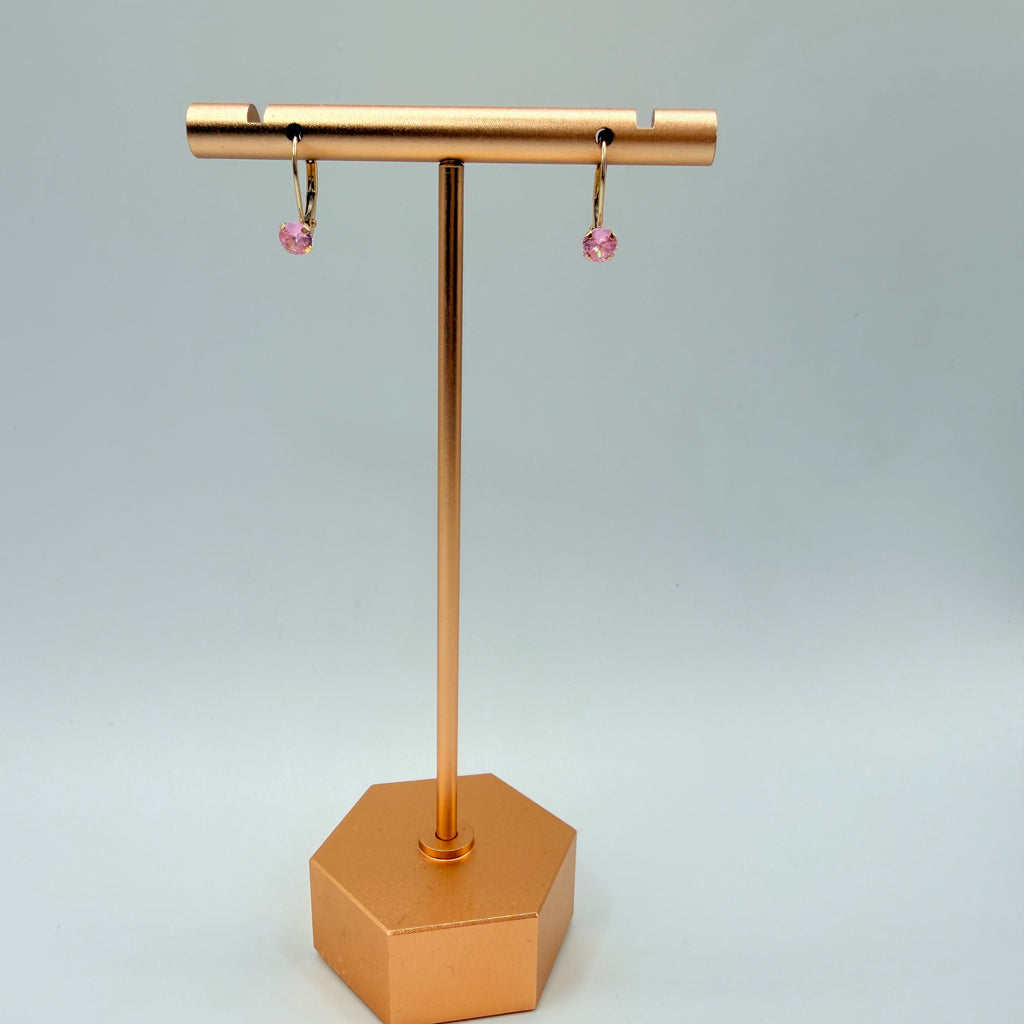 Solid 14K Yellow Gold Drop Earrings with Round Cut Pink Gemstones