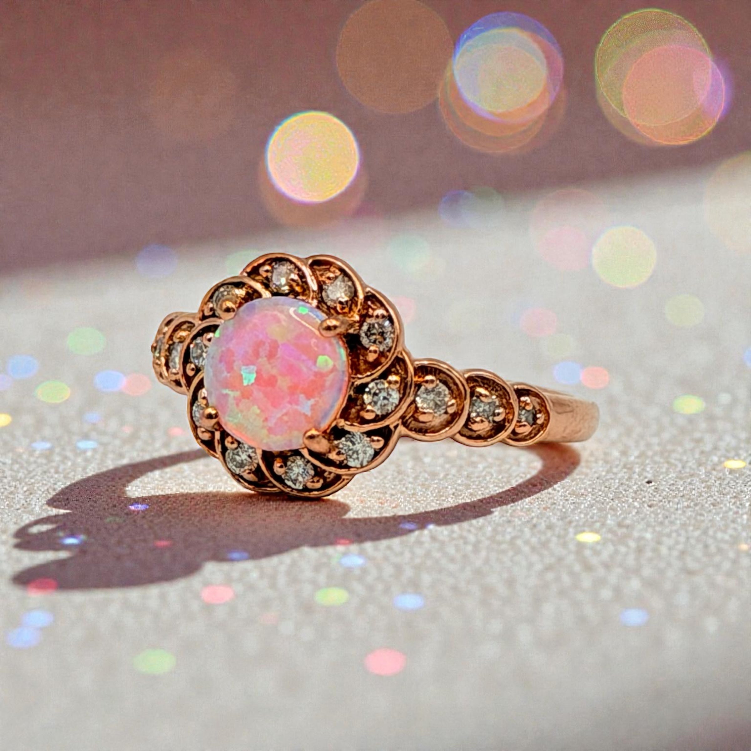 Solid 10K Rose Gold Ring with Round Cut Pink Opal and Diamond Accents Size 7