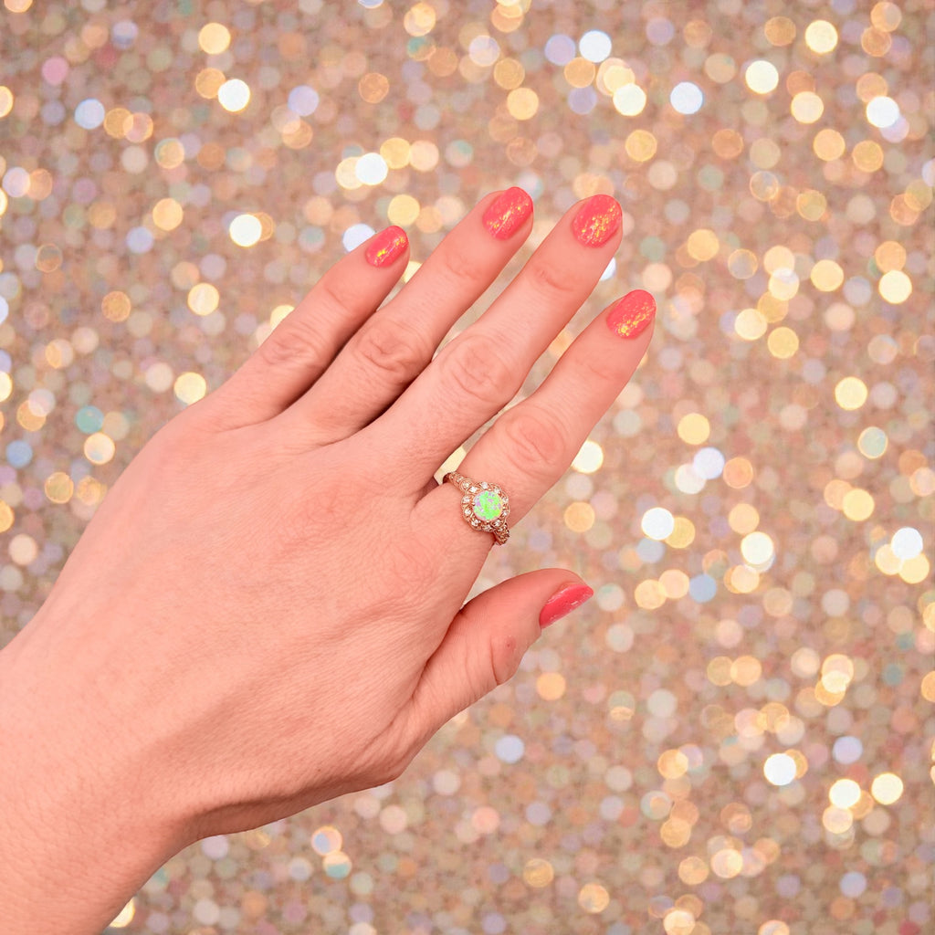 Solid 10K Rose Gold Ring with Round Cut Pink Opal and Diamond Accents Size 7