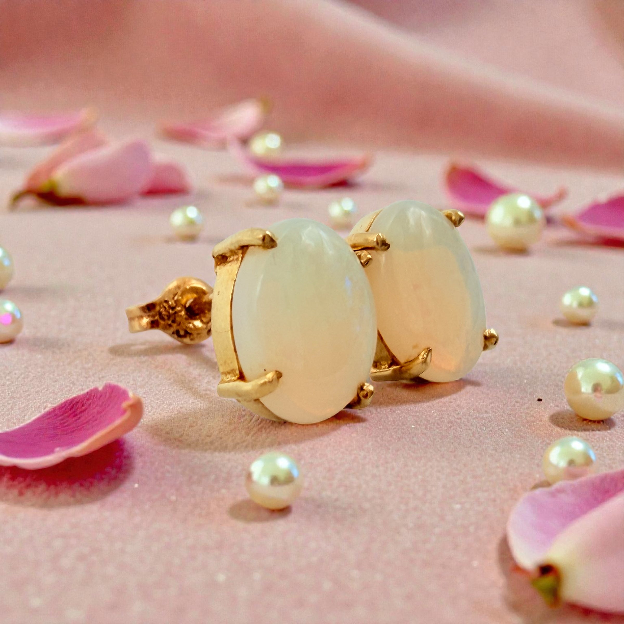 Solid 14K Yellow Gold Stud Earrings with Oval Cut Opals