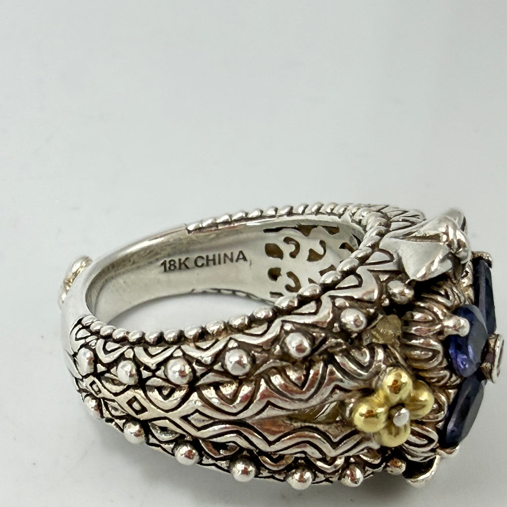 Bixby Jezebel Sterling Silver and 18K Gold Flower Ring with Iolite & Topaz Sz 7