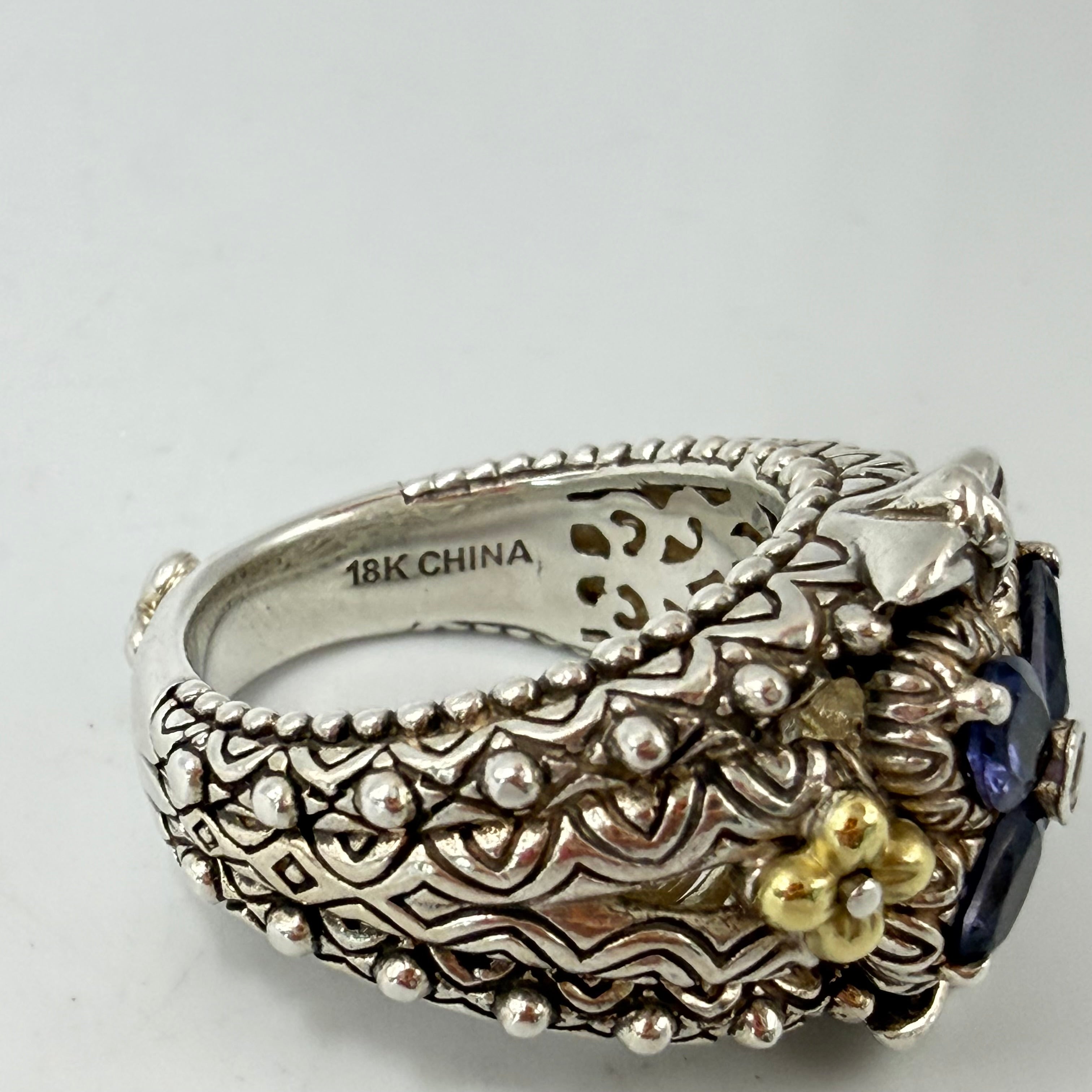 Bixby Jezebel Sterling Silver and 18K Gold Flower Ring with Iolite & Topaz Sz 7
