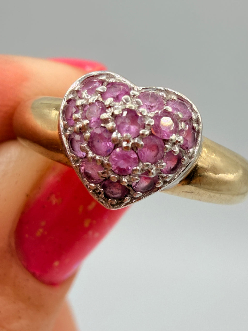 Solid 10K Yellow Gold Ring with Pink Sapphire Heart – Size 6.75