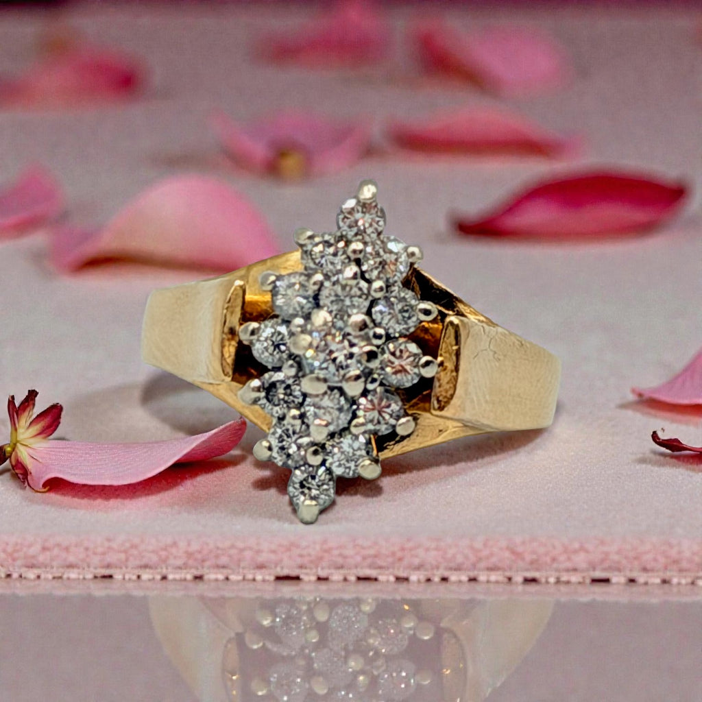 Magic Glo Solid 14KP Yellow Gold Ring with Diamond Cluster – Size 5.25