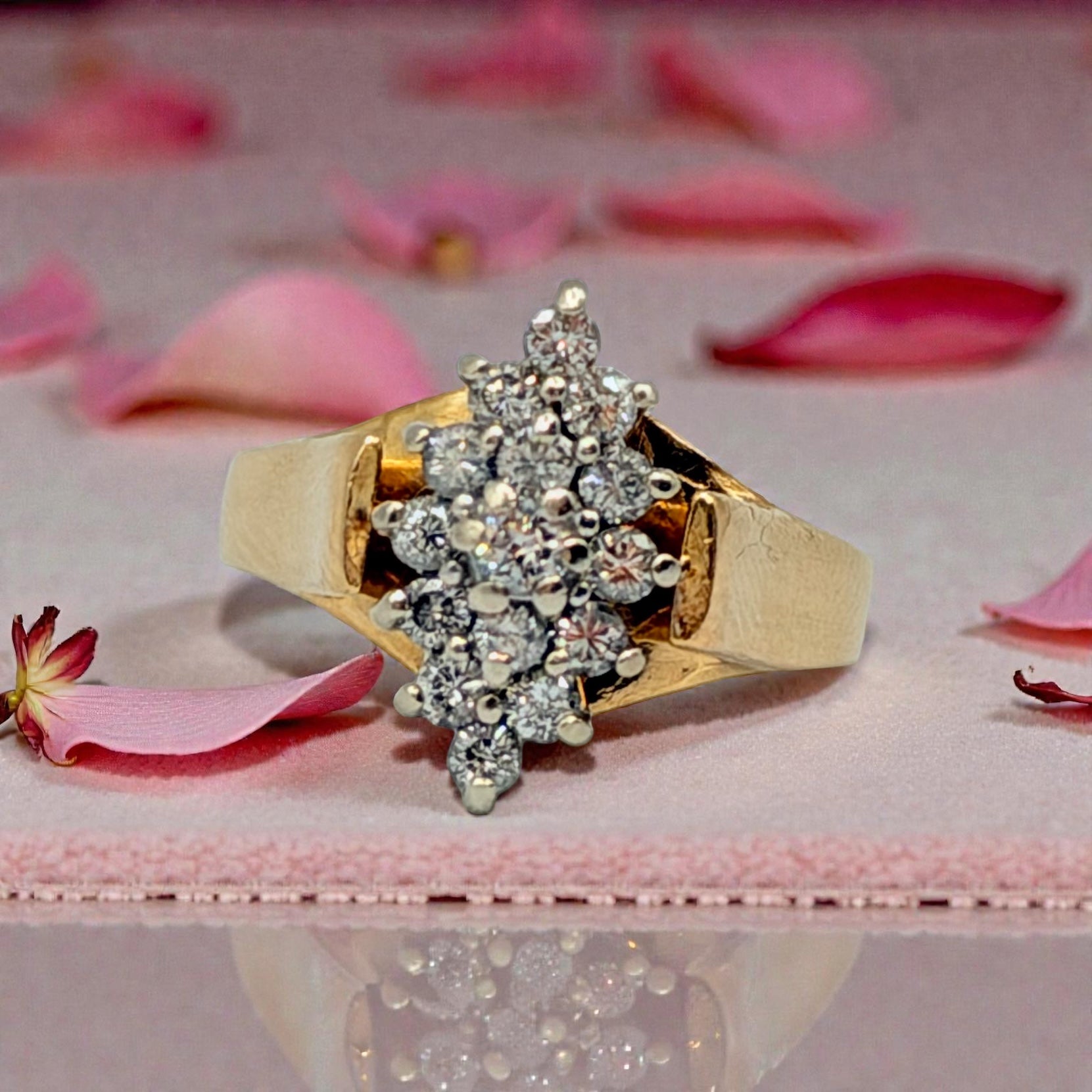 Magic Glo Solid 14KP Yellow Gold Ring with Diamond Cluster – Size 5.25
