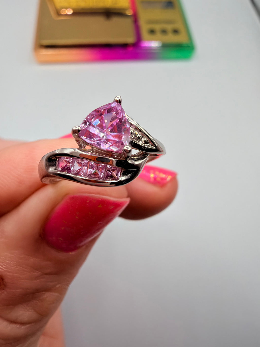 Solid 10K White Gold Ring with Trillion-Cut Pink Topaz - Size 6.75