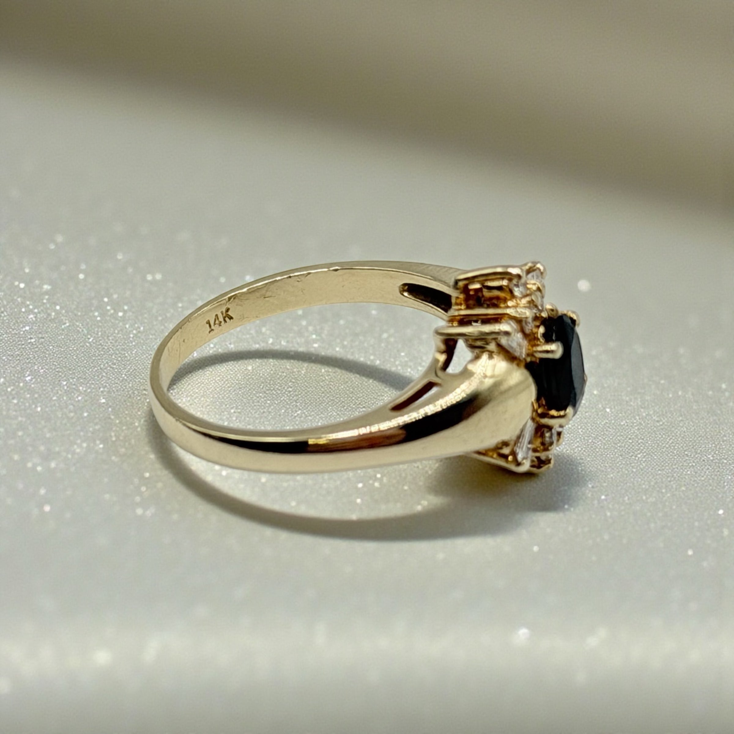 Solid 14K Yellow Gold Ring with Blue Sapphire and Diamond Accents – Size 6.5