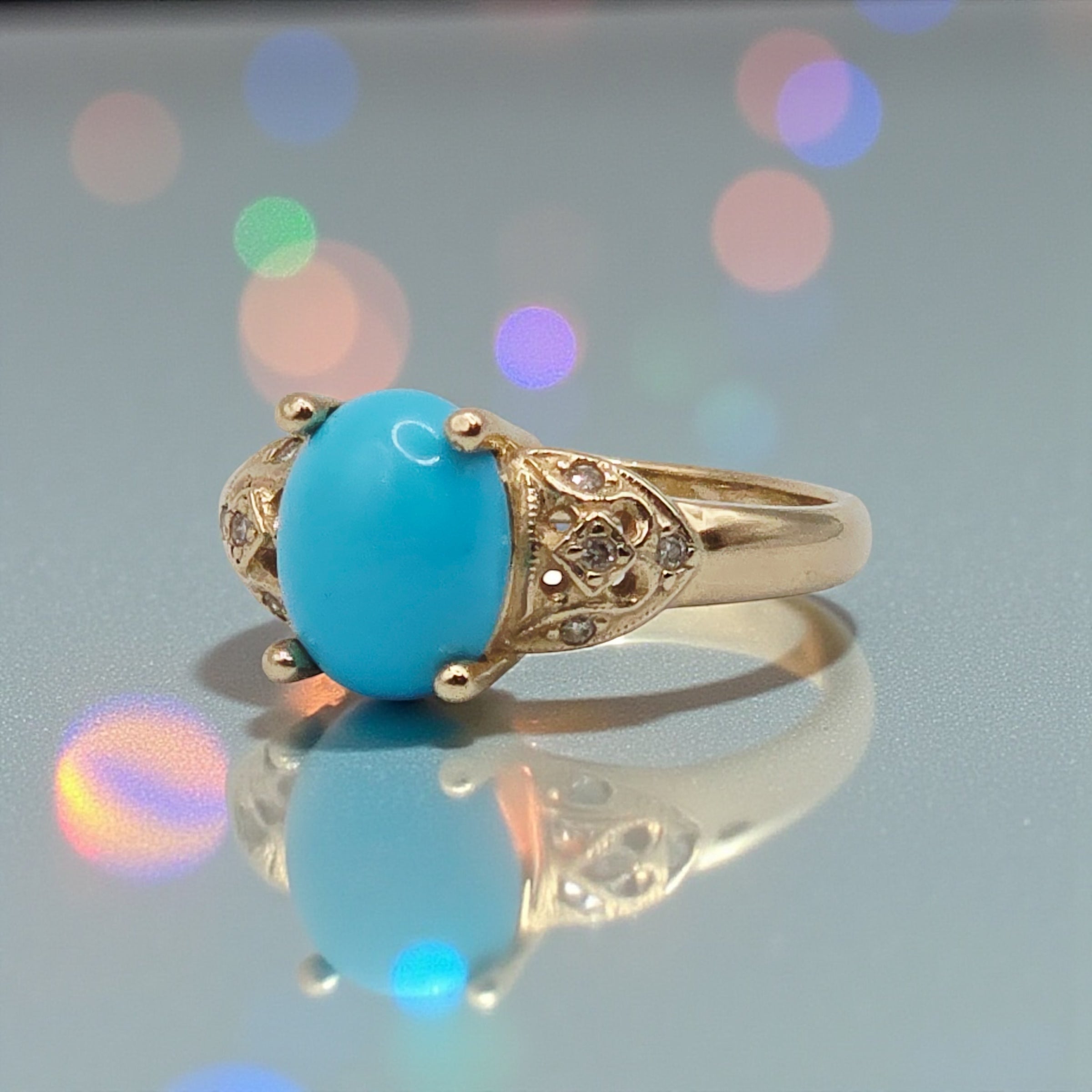Solid 14K Gold Sleeping Beauty Turquoise Ring with Diamond Accents – Size 6