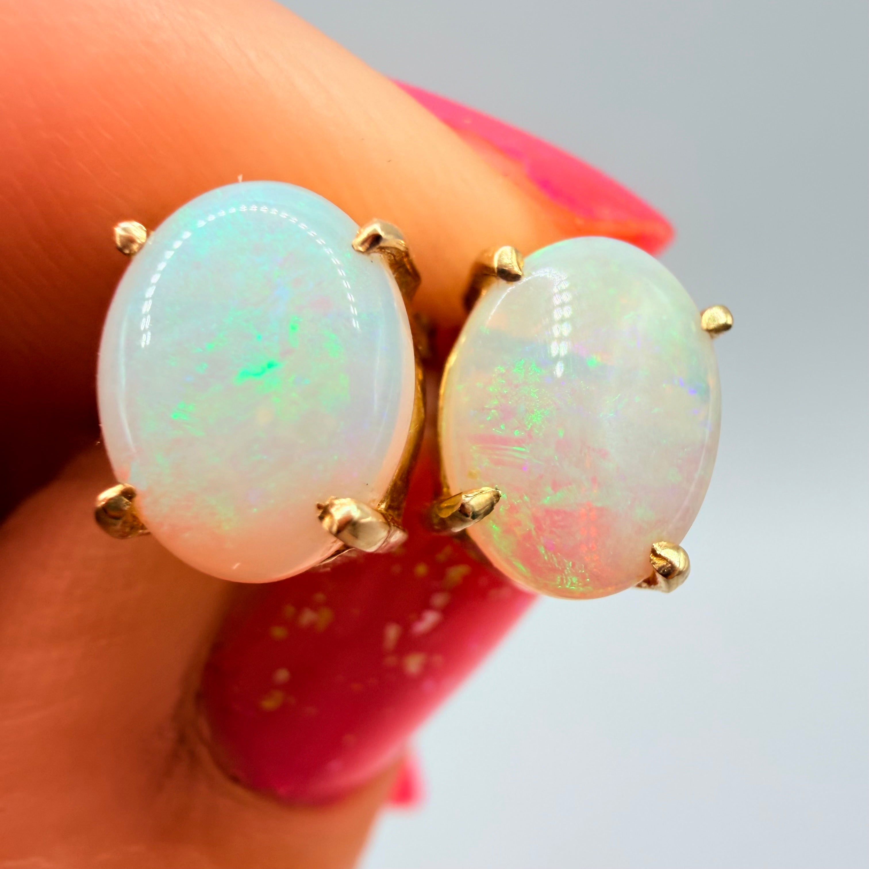 Solid 14K Yellow Gold Stud Earrings with Oval Cut Opals