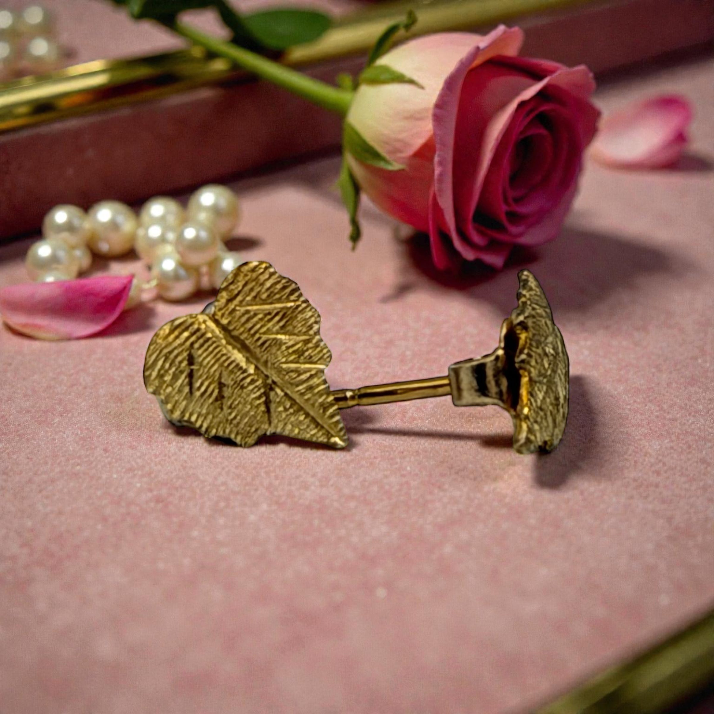 Solid 14K Yellow Gold Leaf Stud Earrings