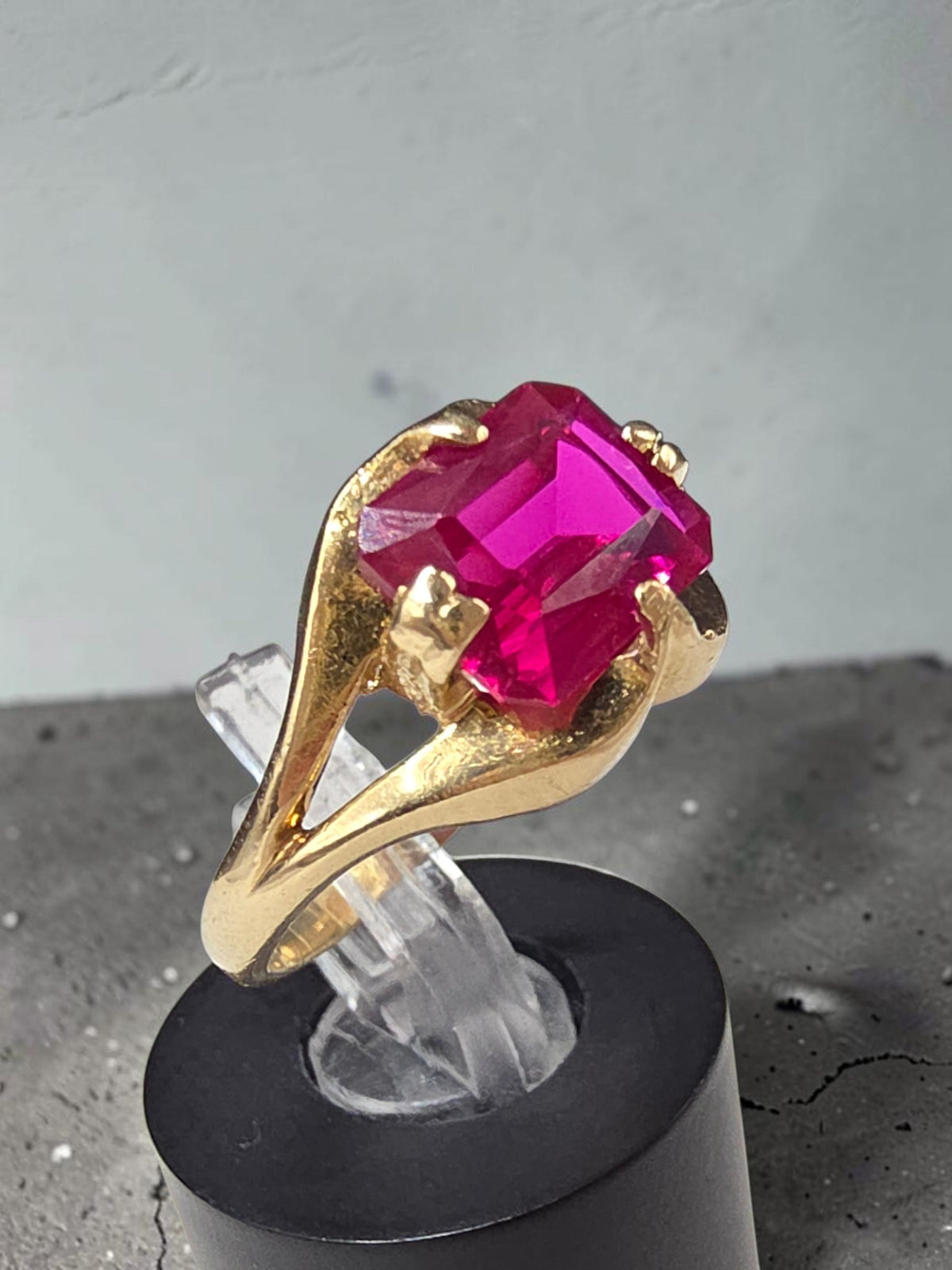 Vintage BOBOR Solid 14K Yellow Gold Lab Created Emerald Cut Ruby Ring - Size 5