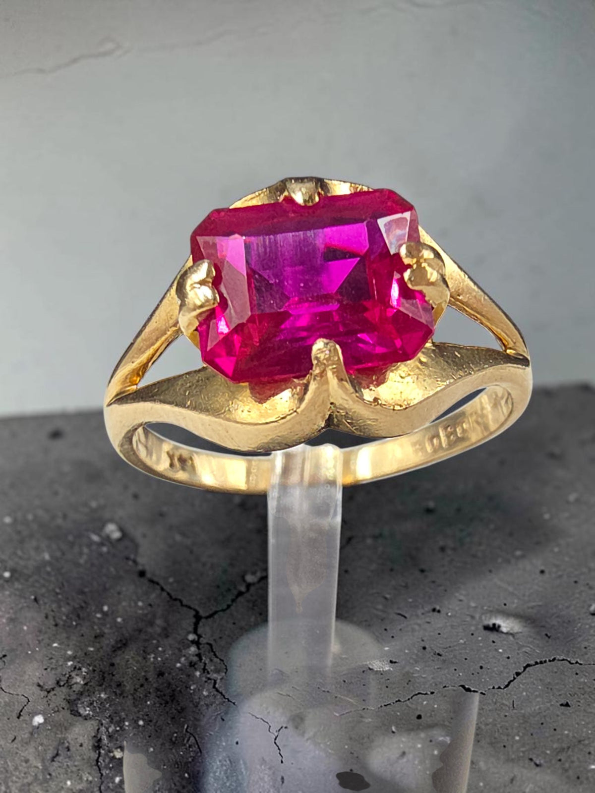 Vintage BOBOR Solid 14K Yellow Gold Lab Created Emerald Cut Ruby Ring - Size 5