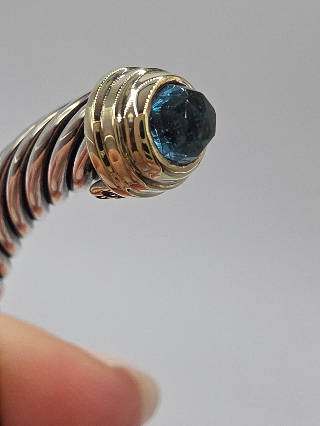 David Yurman Sterling Silver Solid 14K Gold Blue Topaz Cable Bracelet - Large