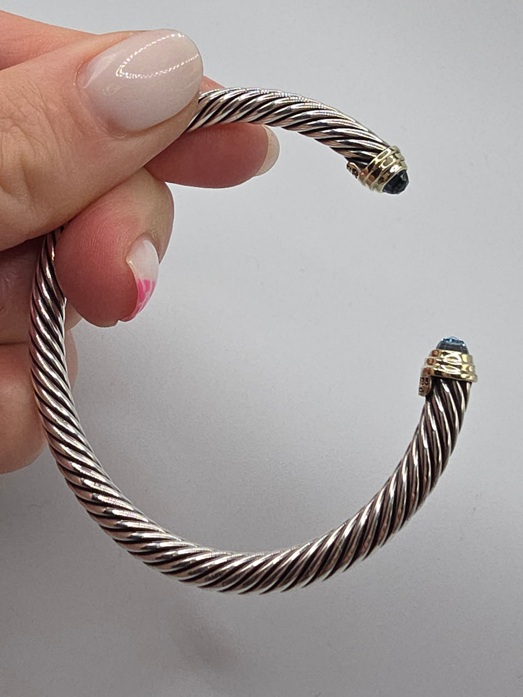 David Yurman Sterling Silver Solid 14K Gold Blue Topaz Cable Bracelet - Large