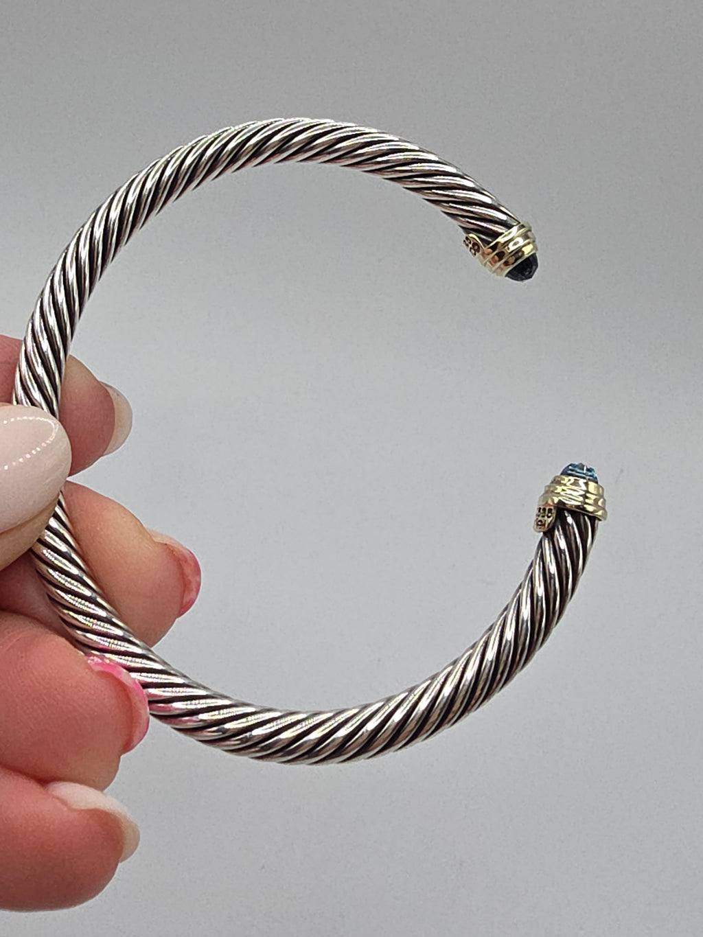David Yurman Sterling Silver Solid 14K Gold Blue Topaz Cable Bracelet - Large