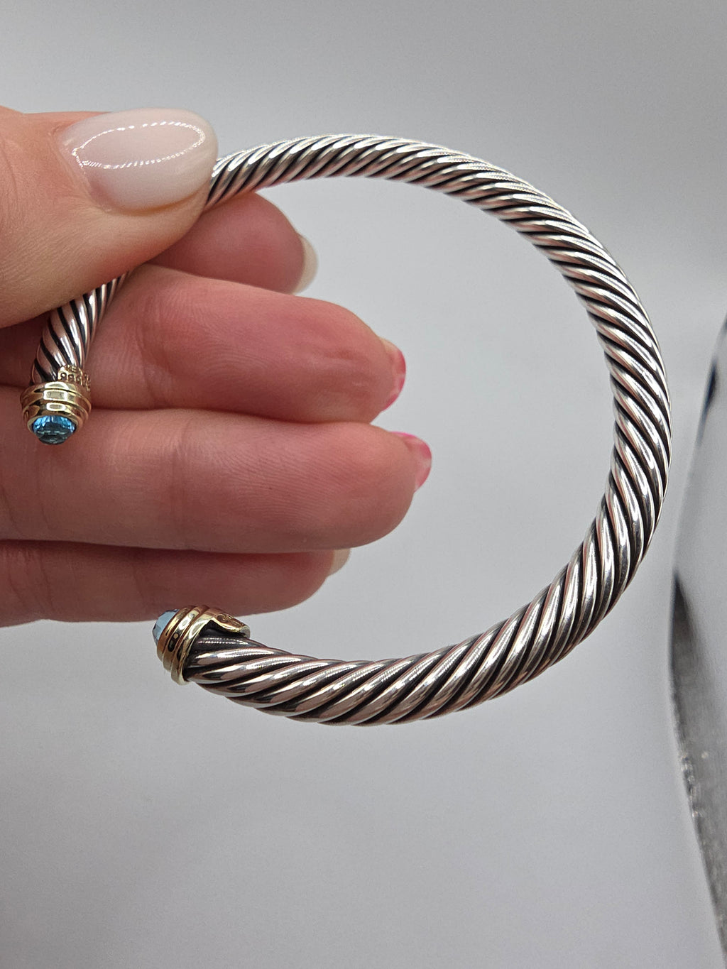 David Yurman Sterling Silver Solid 14K Gold Blue Topaz Cable Bracelet - Large