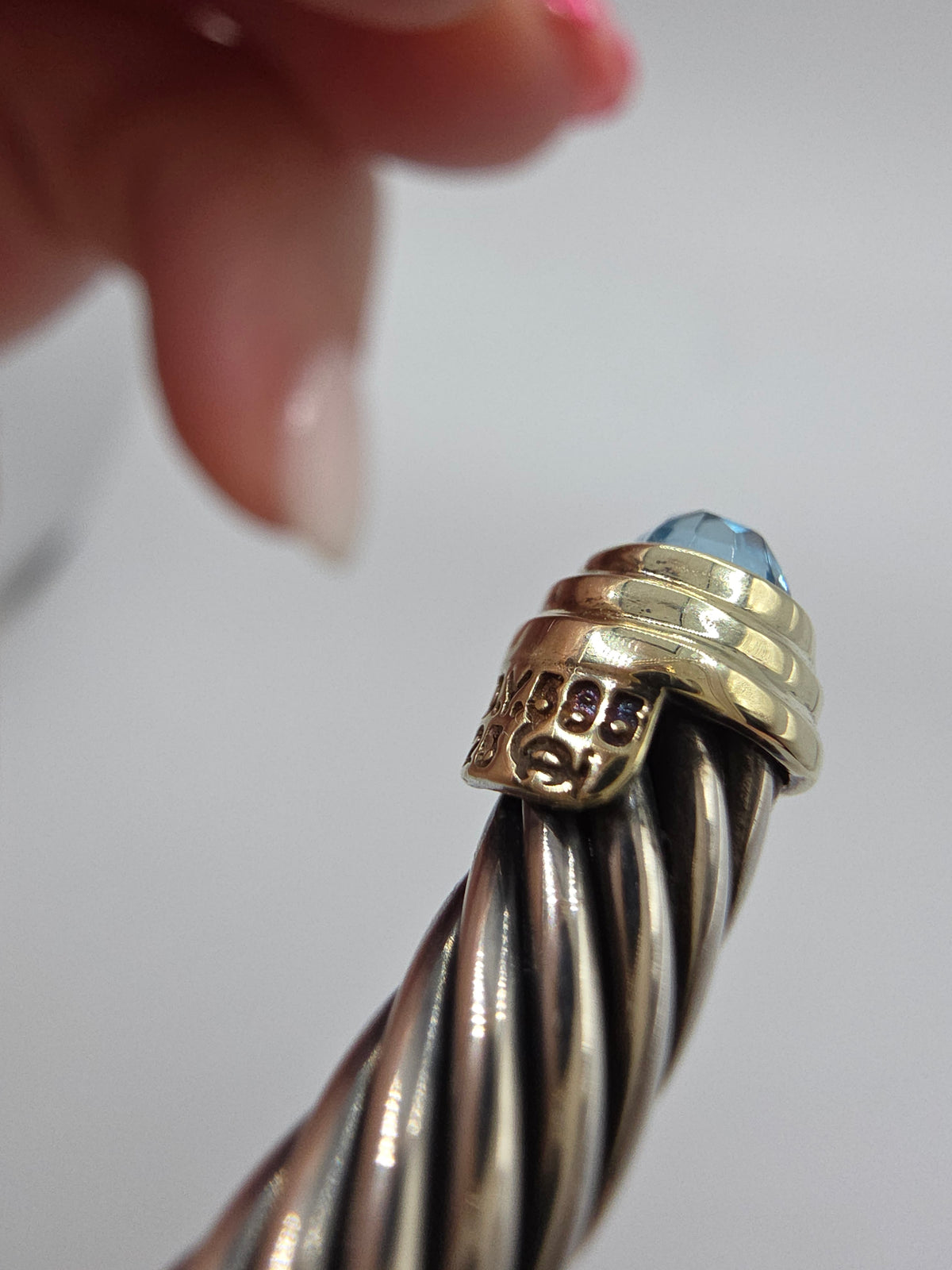 David Yurman Sterling Silver Solid 14K Gold Blue Topaz Cable Bracelet - Large