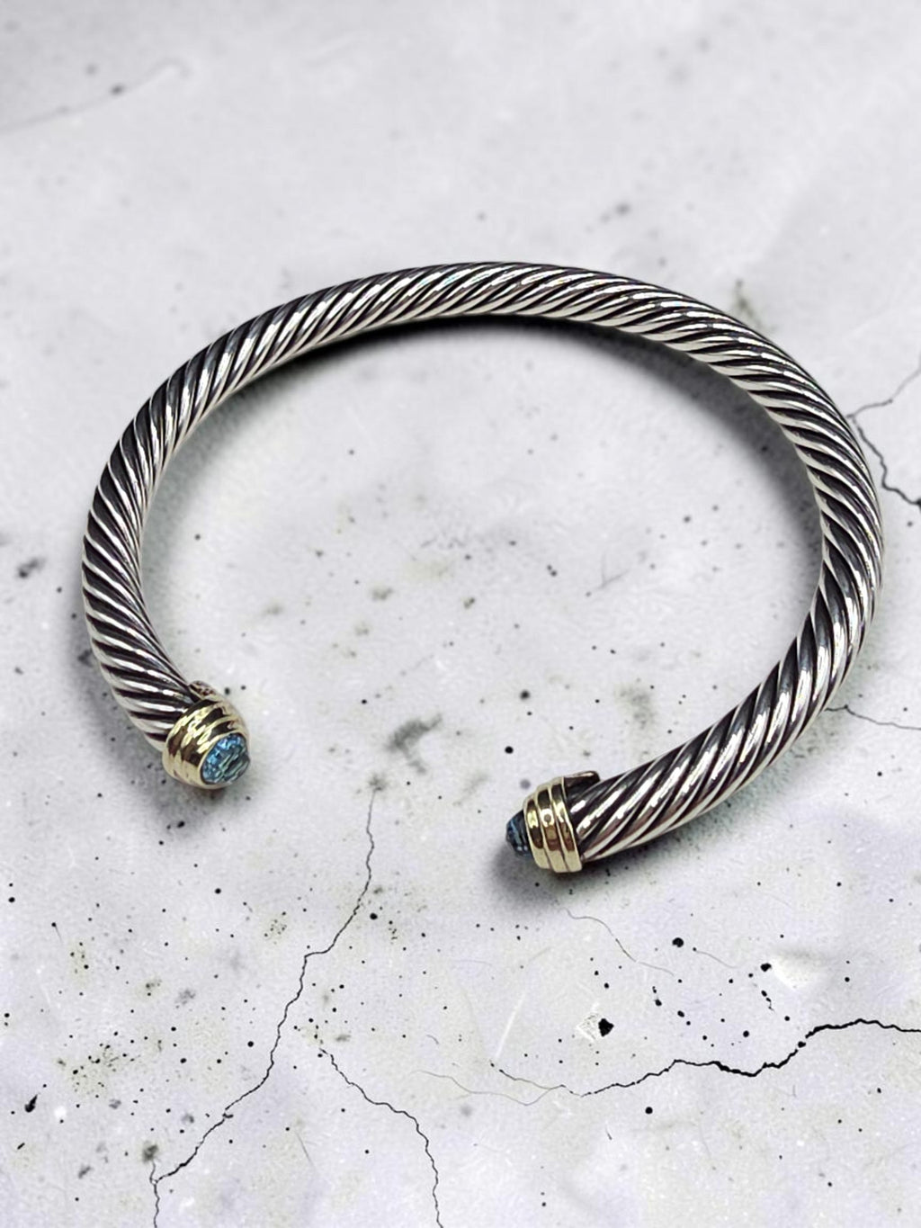David Yurman Sterling Silver Solid 14K Gold Blue Topaz Cable Bracelet - Large